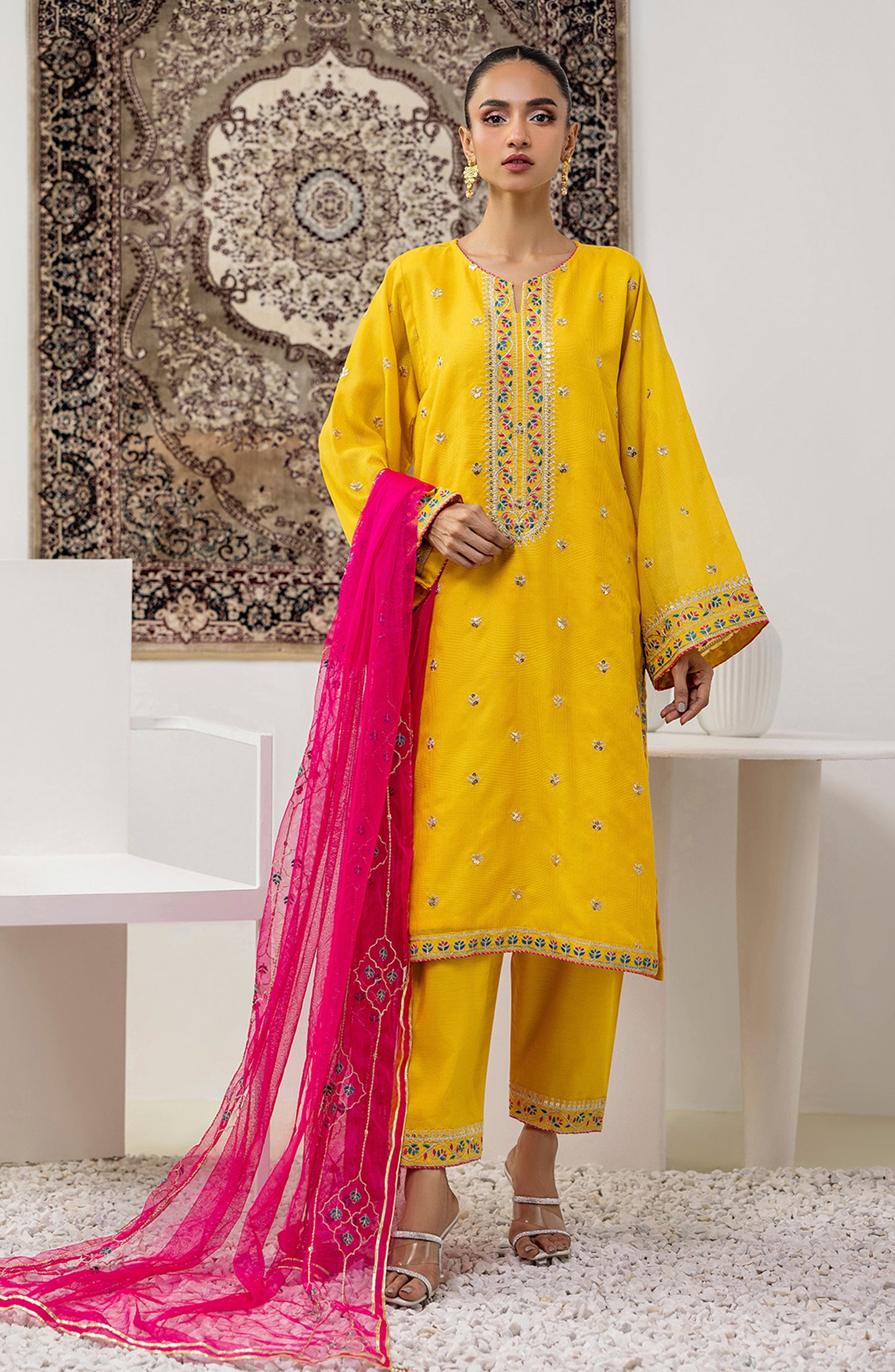 Stitched 3 Piece Embroidered Cotton Net Shirt , Raw Silk Pant and Poly Net Dupatta (OTLF-23-074/S YELLOW)