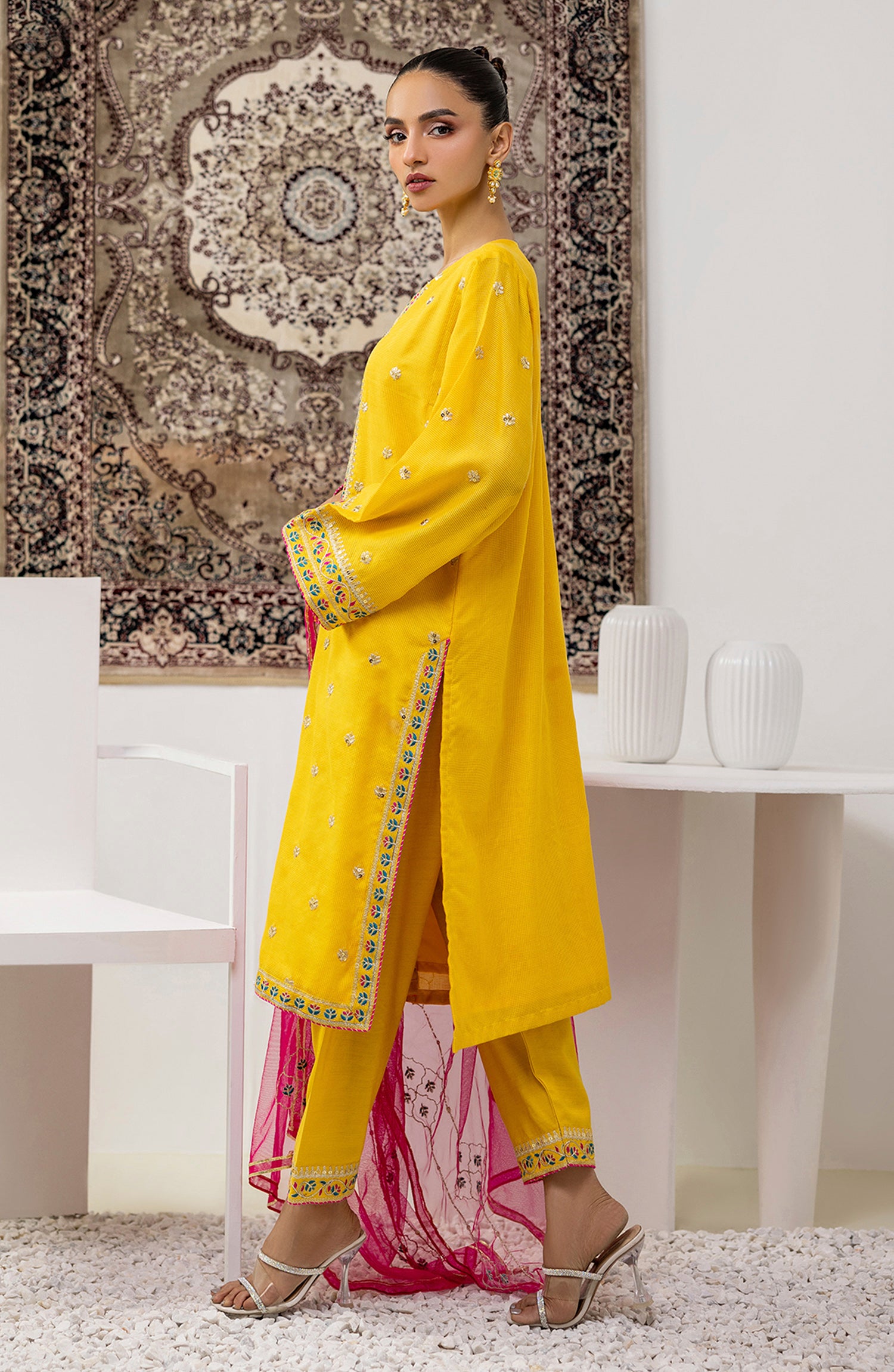 Stitched 3 Piece Embroidered Cotton Net Shirt , Raw Silk Pant and Poly Net Dupatta (OTLF-23-074/S YELLOW)