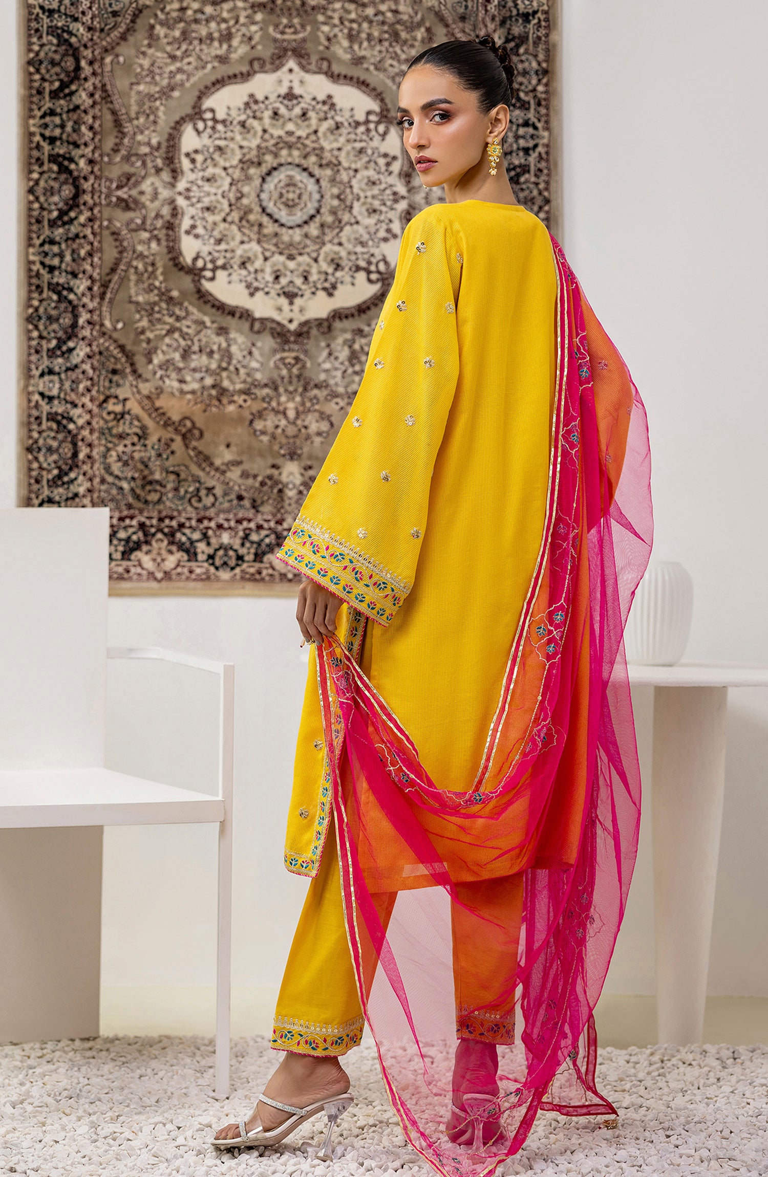 Stitched 3 Piece Embroidered Cotton Net Shirt , Raw Silk Pant and Poly Net Dupatta (OTLF-23-074/S YELLOW)