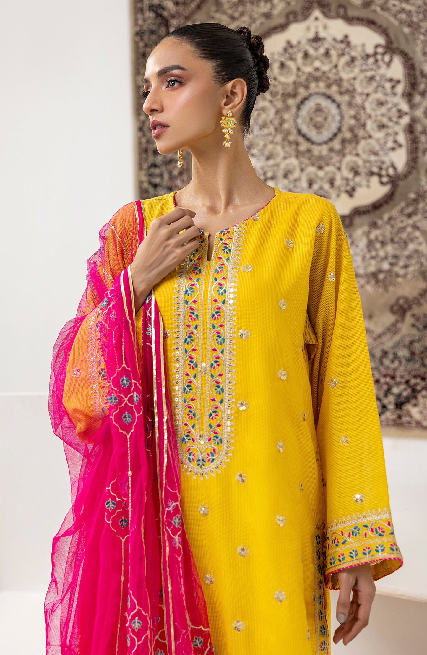 Stitched 3 Piece Embroidered Cotton Net Shirt , Raw Silk Pant and Poly Net Dupatta (OTLF-23-074/S YELLOW)