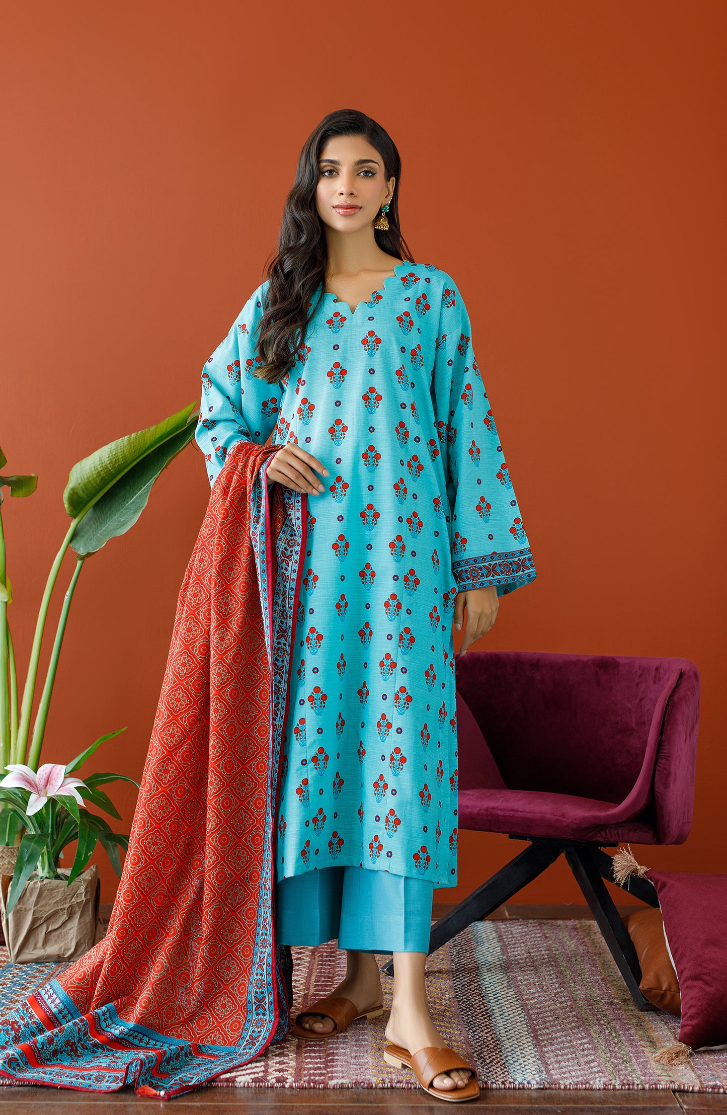 OTL-23-341/U TURQUOISE KHADDAR Women UNSTITCHED SHIRT DUPATTA PANTS