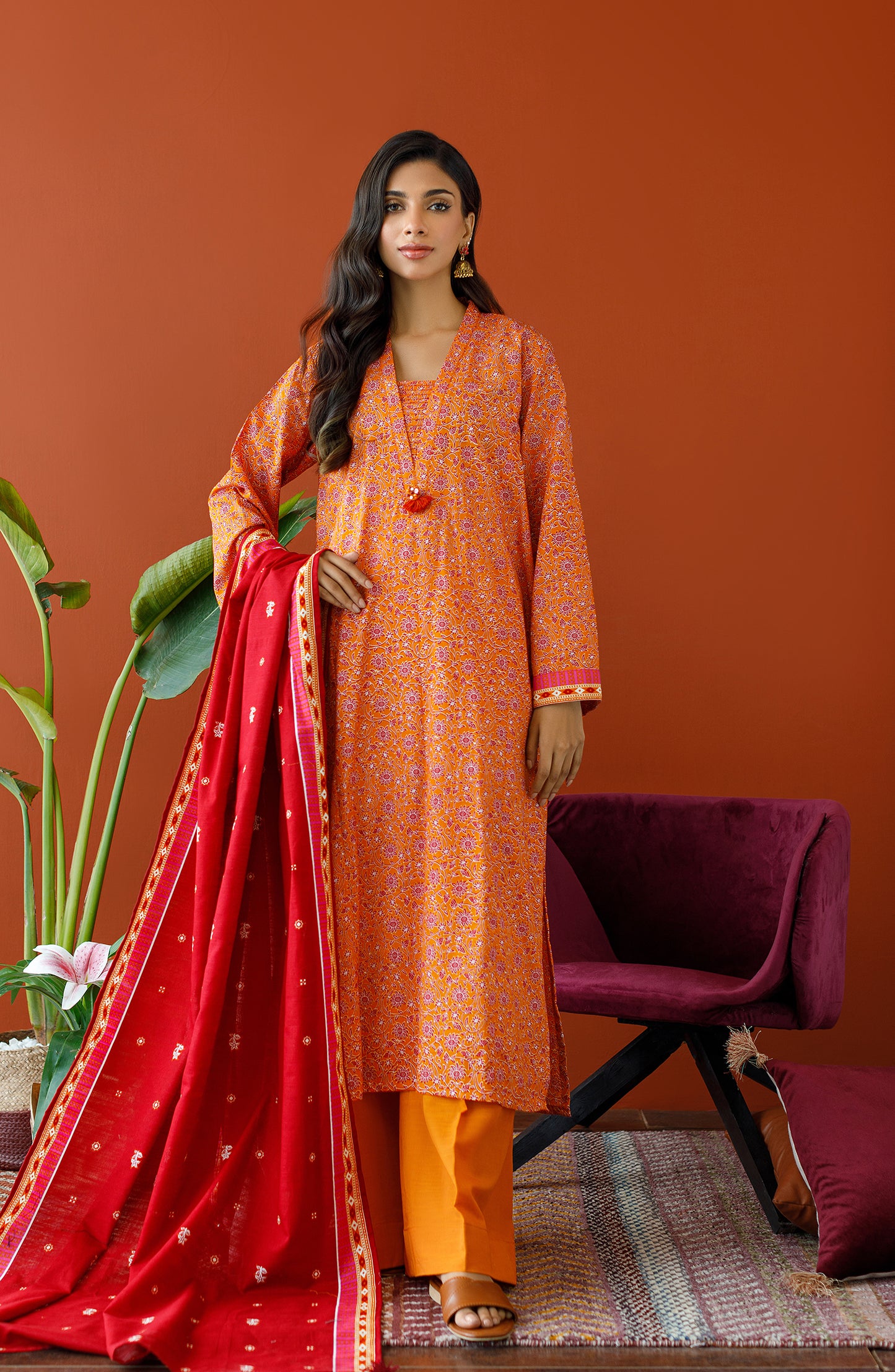 OTL-23-303/U ORANGE KHADDAR Women UNSTITCHED SHIRT DUPATTA PANTS