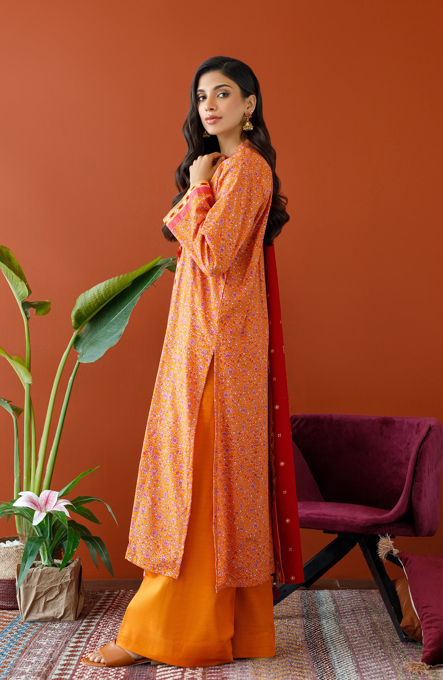 OTL-23-303/U ORANGE KHADDAR Women UNSTITCHED SHIRT DUPATTA PANTS