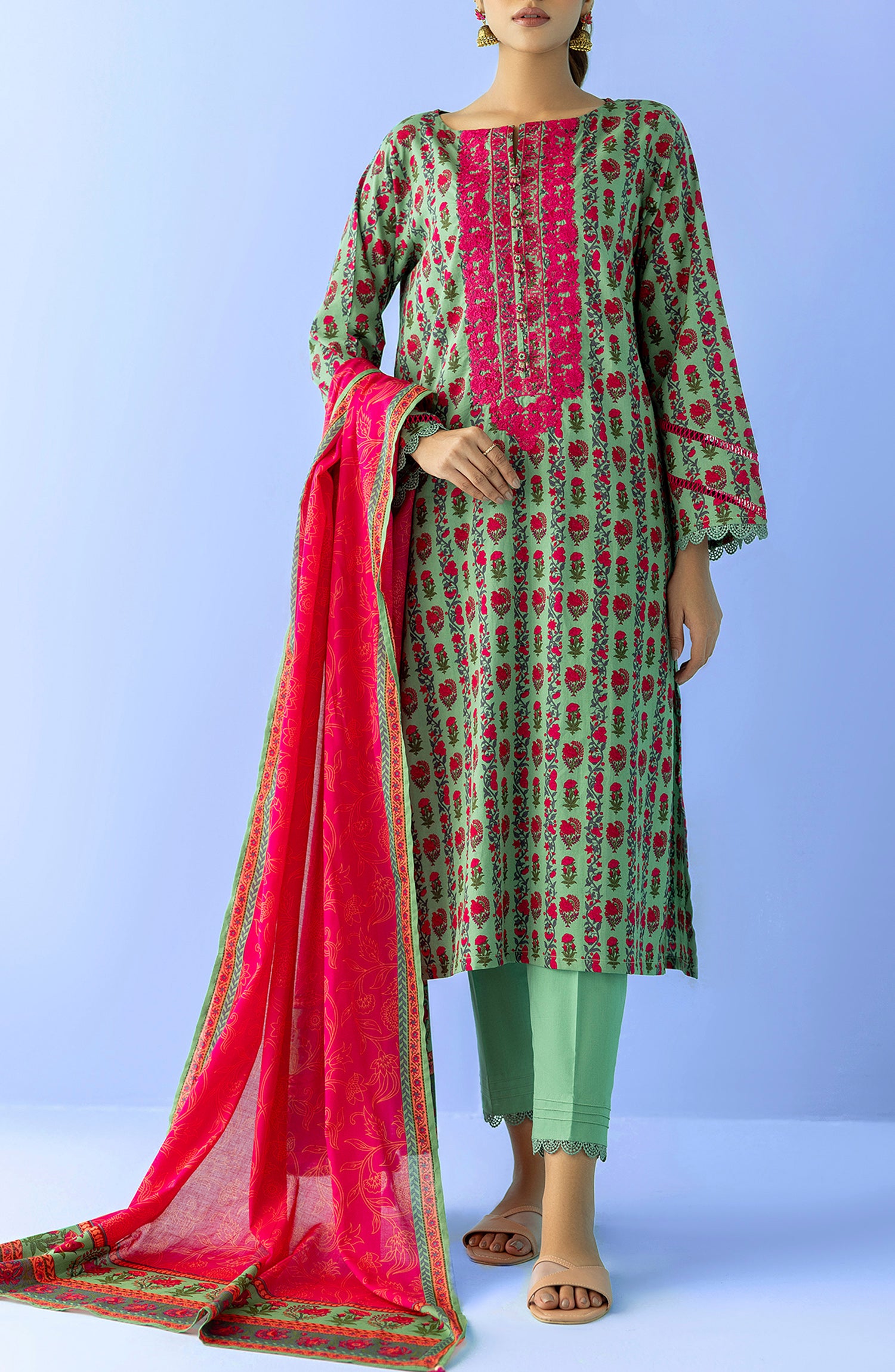 Stitched 2 Piece Printed Embroidered Lawn Shirt and Lawn Dupatta (NRDS-24-026/S GREEN)