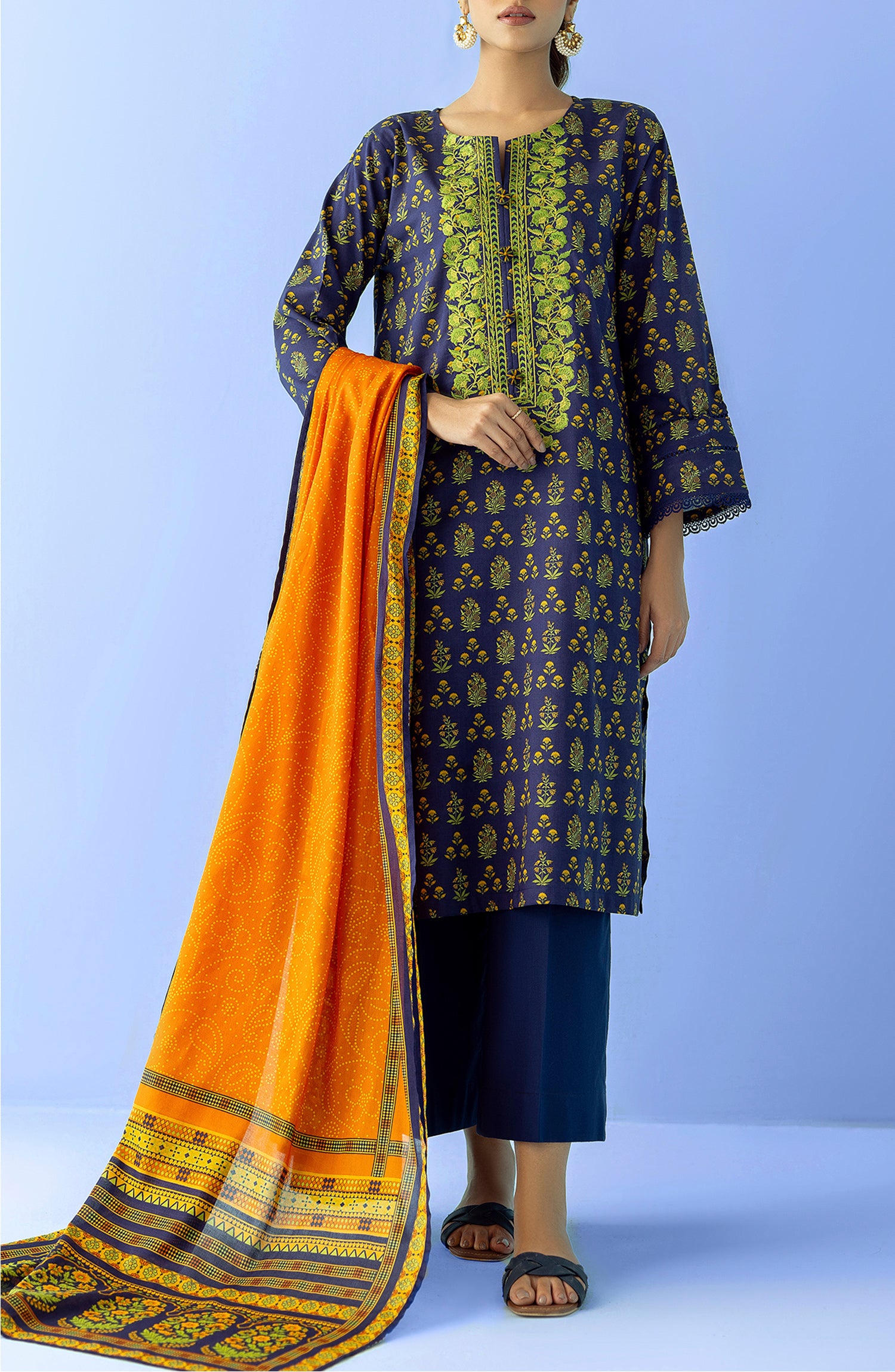 Stitched 2 Piece Printed Embroidered Lawn Shirt and Lawn Dupatta (NRDS-24-025/S BLUE)