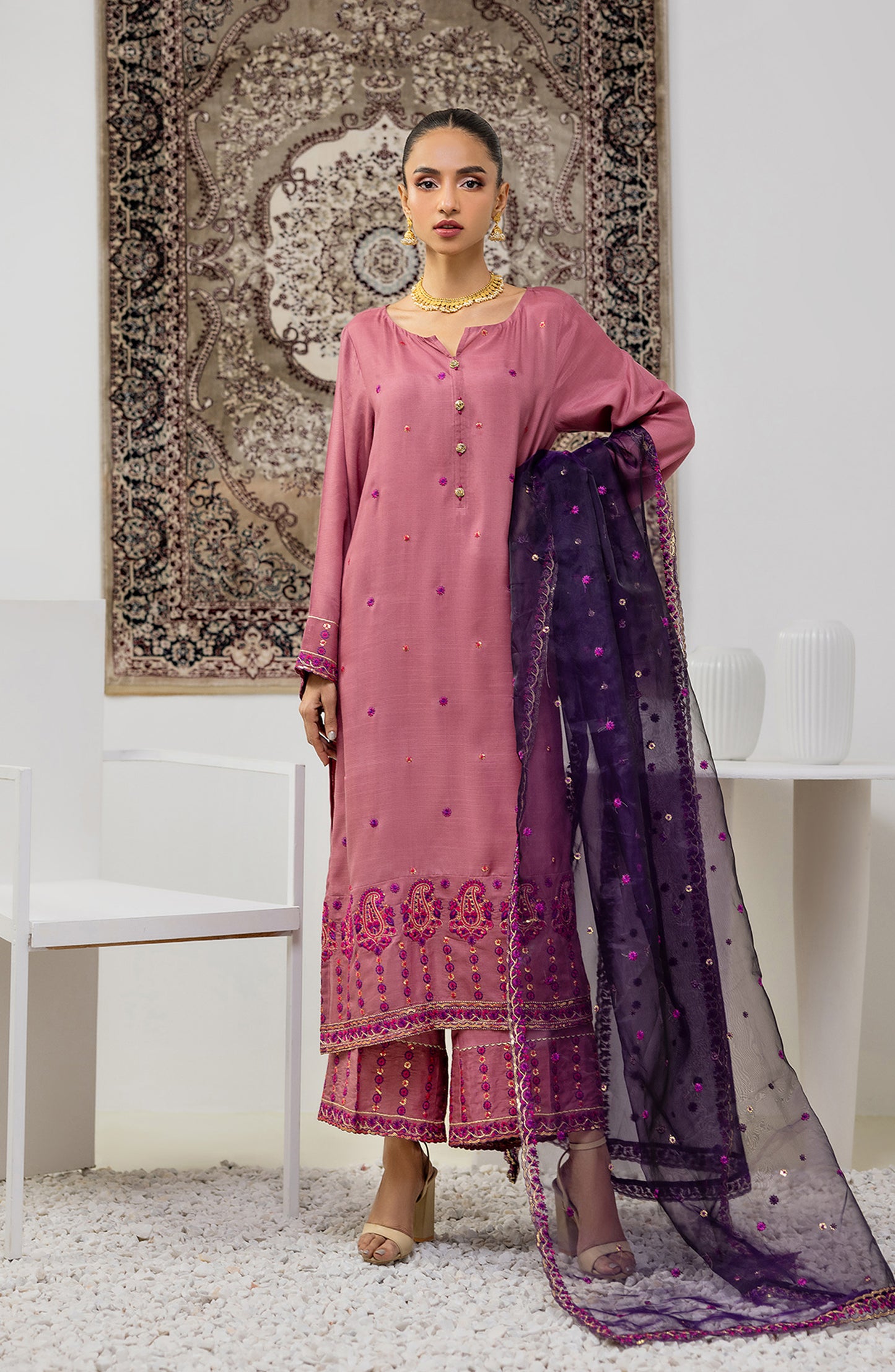 NF-SDT-23-028/S DARK PINK RAW SILK Women READY TO WEAR SHIRT DUPATTA PANTS