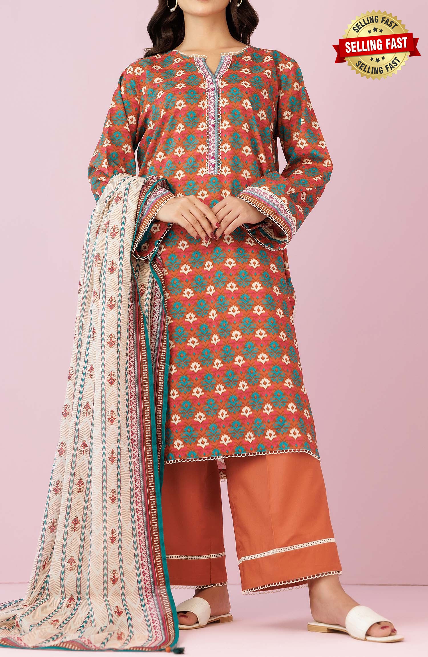 Unstitched 3 Piece Printed Lawn Shirt , Cambric Pant and Lawn Dupatta (OTL-24-115/U OCHRE)