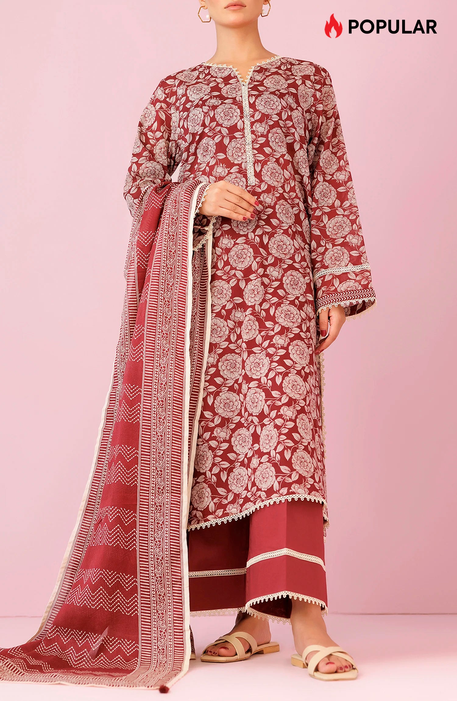 Unstitched 3 Piece Printed Lawn Shirt , Cambric Pant and Lawn Dupatta (OTL-24-130/U MAROON)