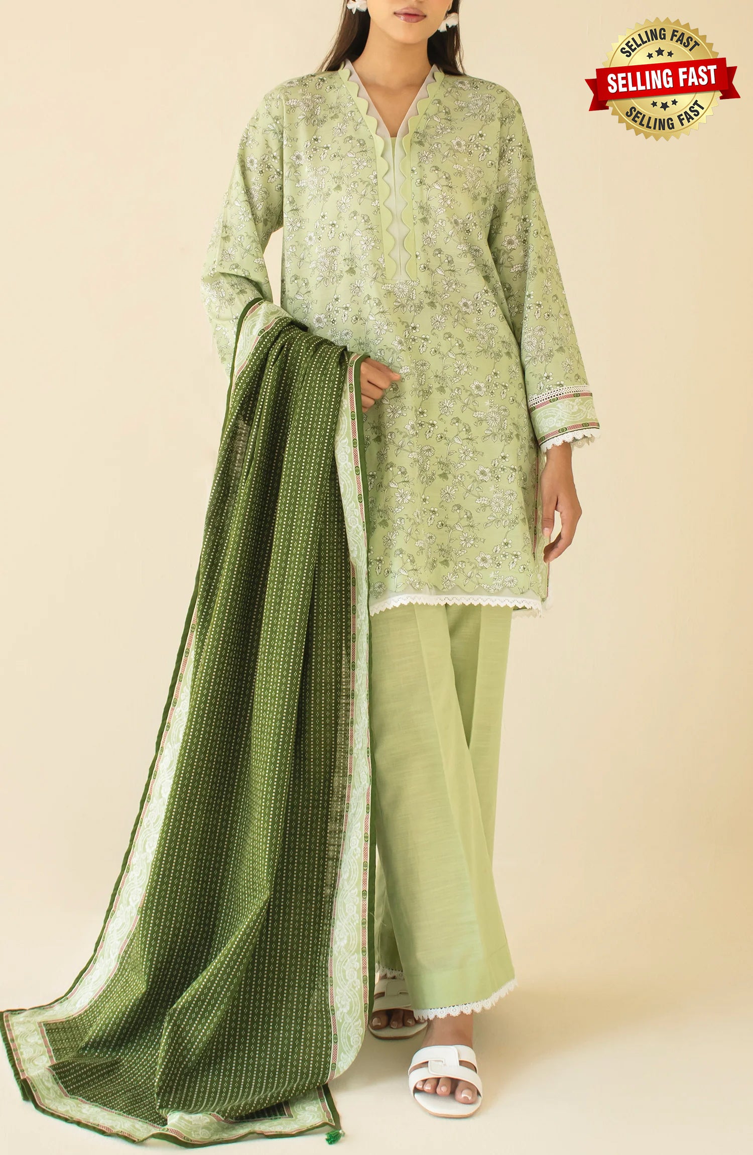 Unstitched 3 Piece Printed Khaddar Shirt , Khaddar Pant and Khaddar Dupatta (OTL-24-174/U MINT GREEN)