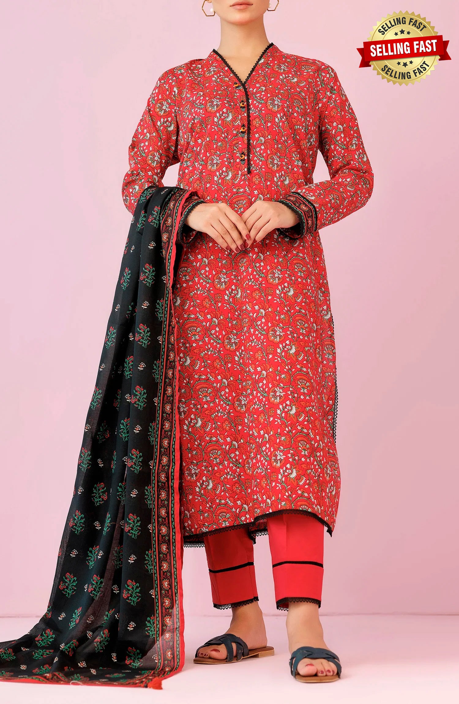 Unstitched 3 Piece Printed Lawn Shirt , Cambric Pant and Lawn Dupatta (OTL-24-178/U RED)