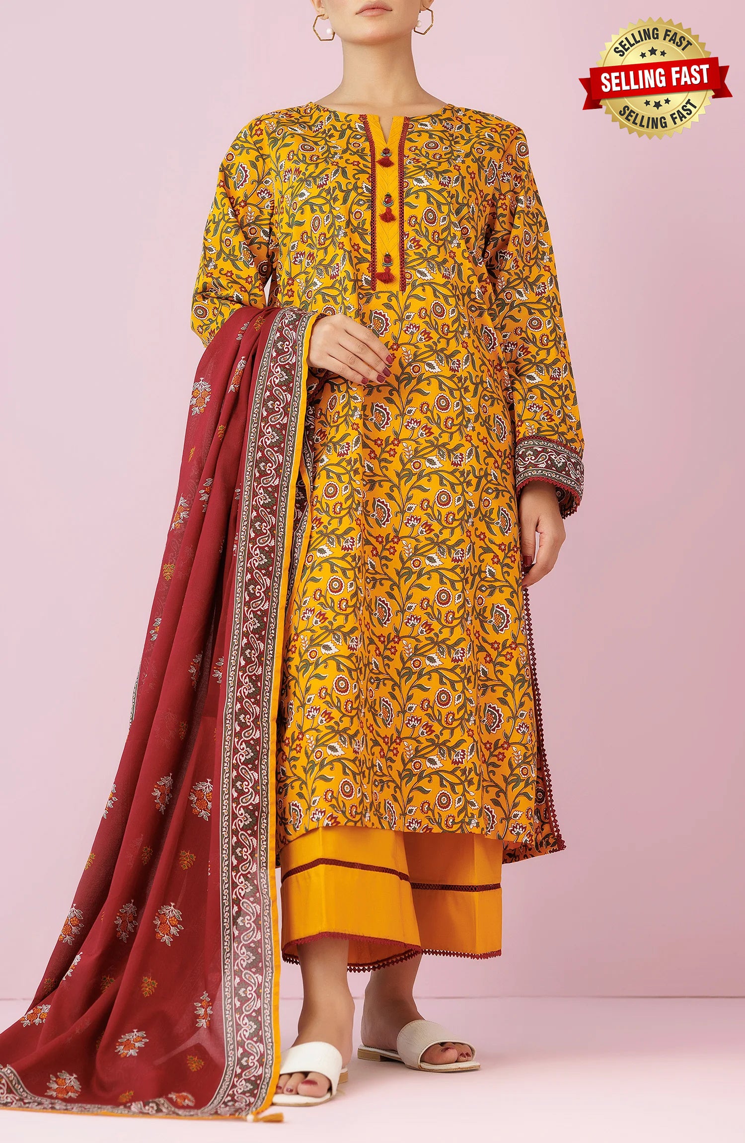 Unstitched 3 Piece Printed Lawn Shirt , Cambric Pant and Lawn Dupatta (OTL-24-186/U YELLOW)