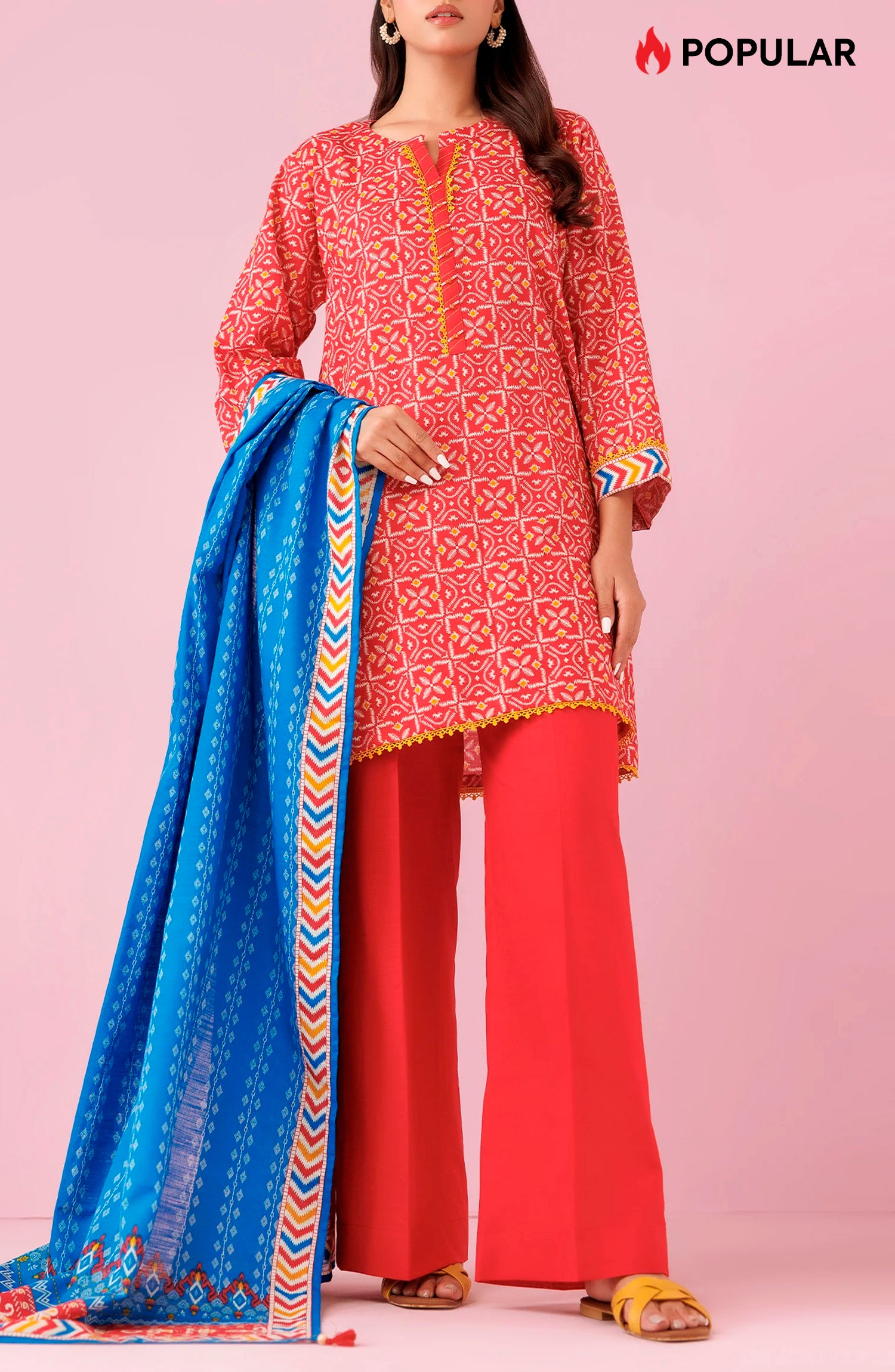 Unstitched 3 Piece Printed Khaddar Shirt , Khaddar Pant and Khaddar Dupatta (OTL-24-309/U RED)