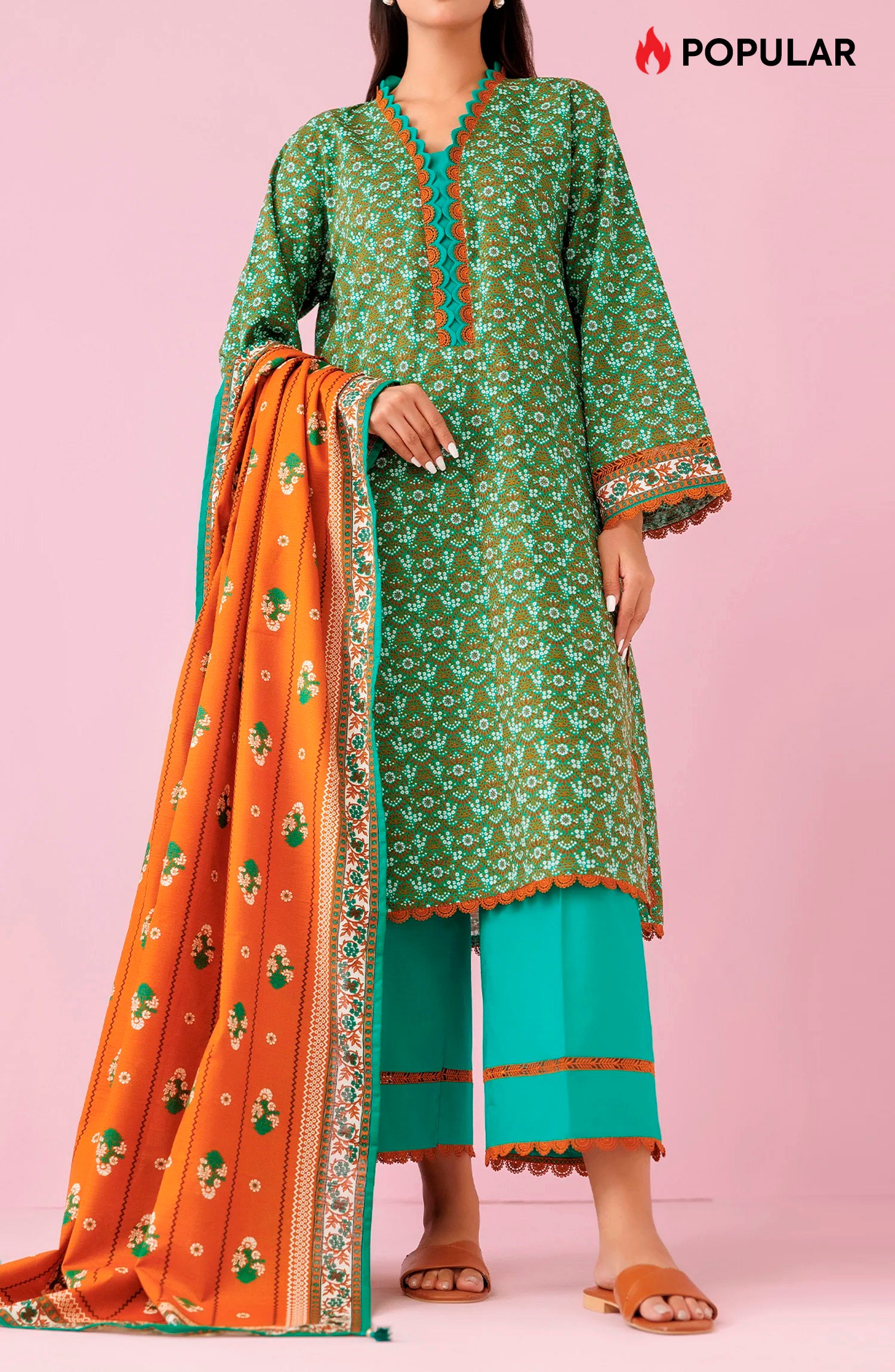 Unstitched 3 Piece Printed Khaddar Shirt , Khaddar Pant and Khaddar Dupatta (OTL-24-310/U GREEN)