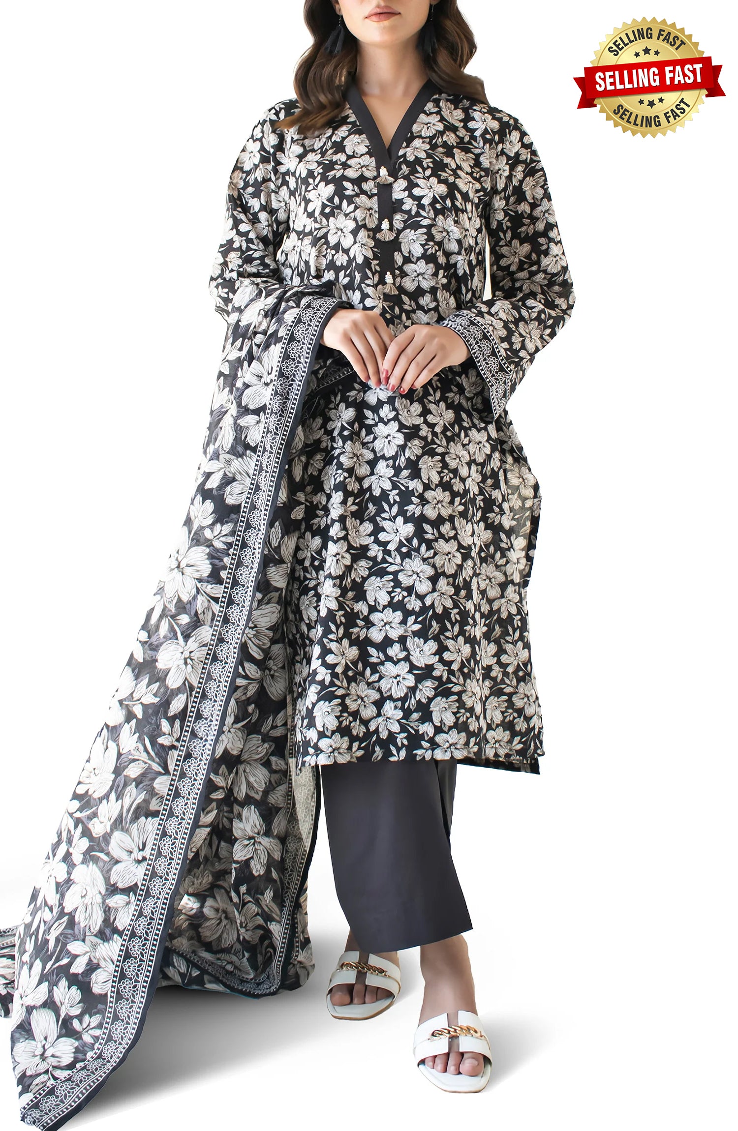 Stitched 3 Piece Printed Lawn Shirt , Lawn Pant and Lawn Dupatta (OTL-24-316/S BLACK)