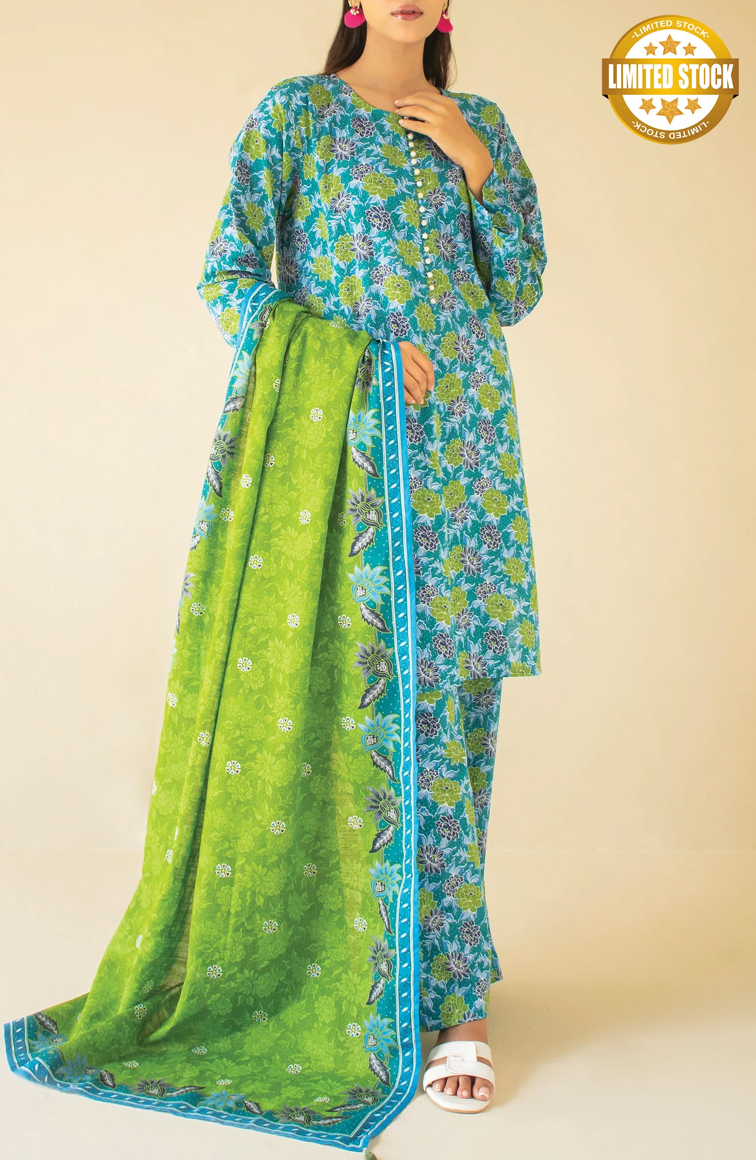 Unstitched 3 Piece Printed Khaddar Shirt , Khaddar Pant and Khaddar Dupatta (OTL-24-339/U TEAL)