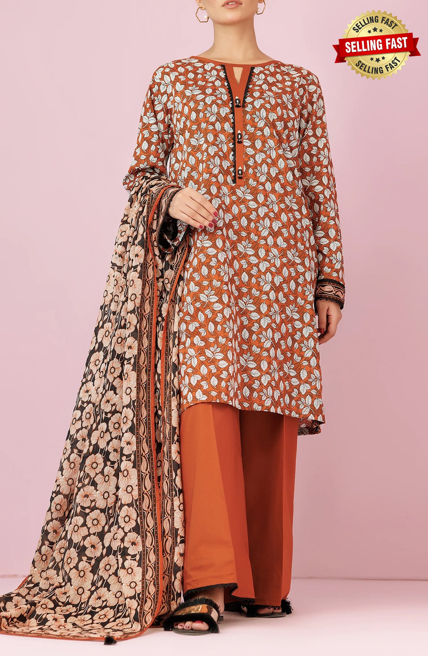 Unstitched 3 Piece Printed Lawn Shirt , Cambric Pant and Lawn Dupatta (OTL-24-370/U BROWN)