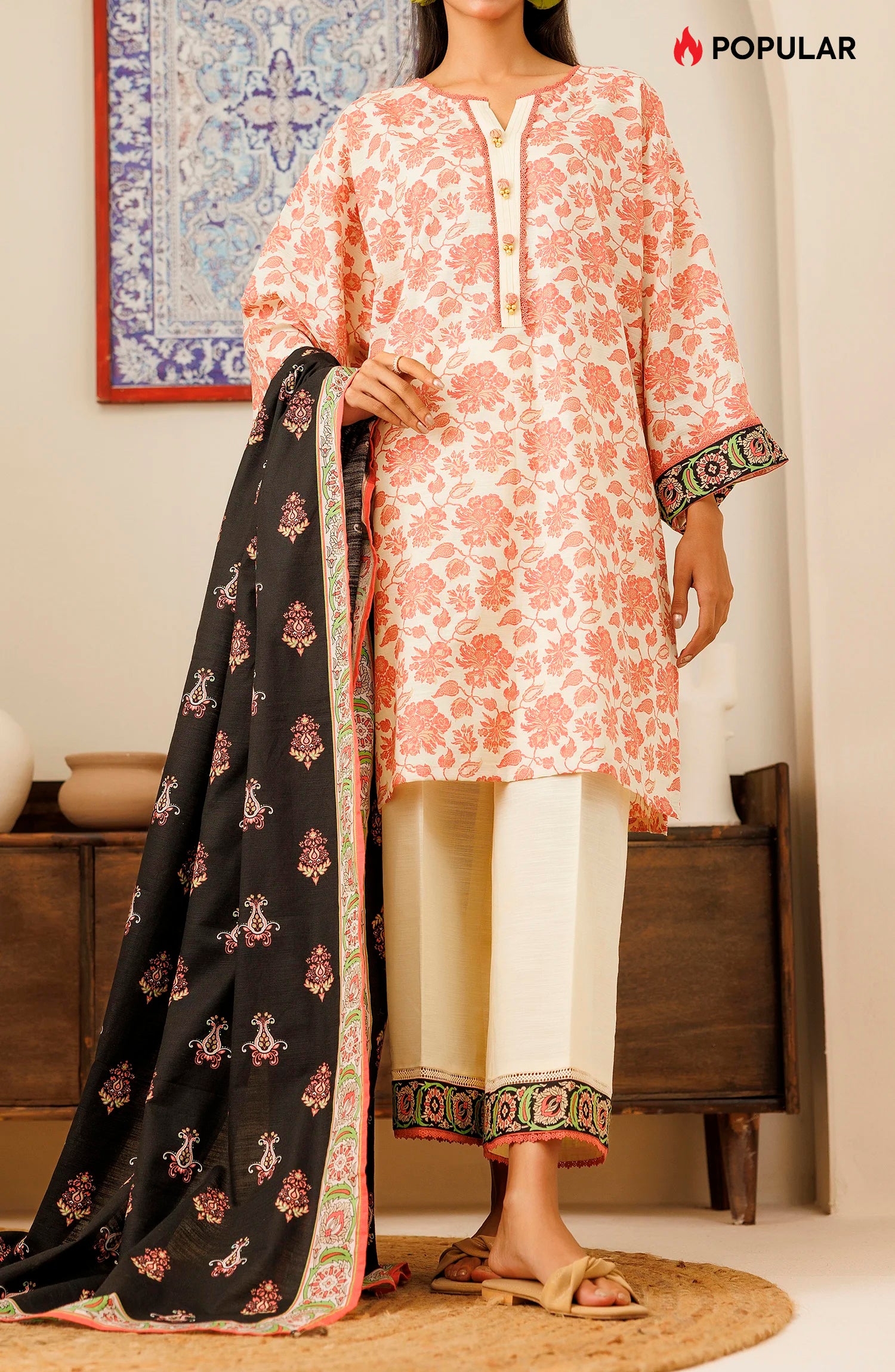 Stitched 3 Piece Printed Khaddar Shirt , Khaddar Pant and Khaddar Dupatta (OTL-24-425/S BEIGE)