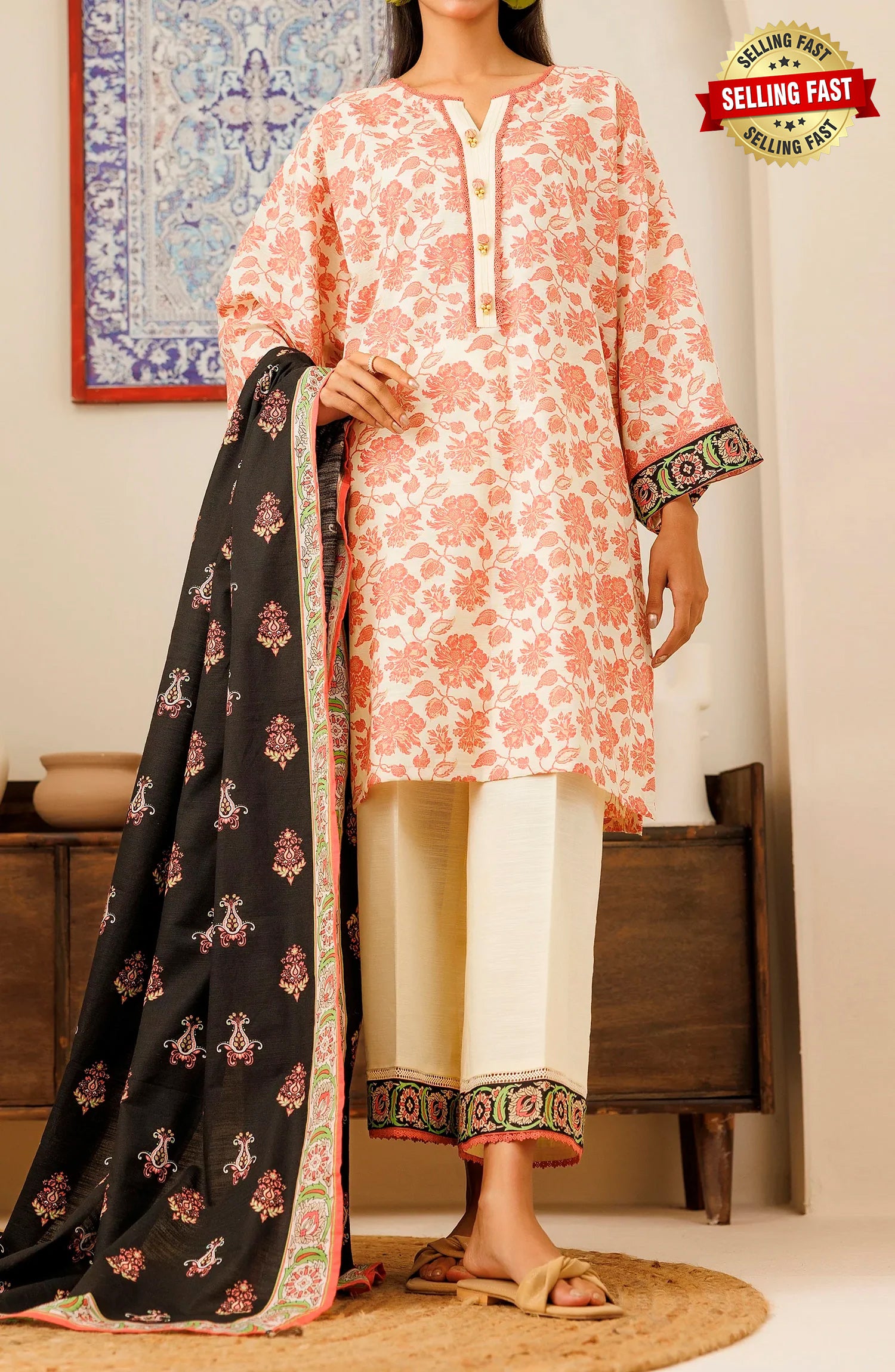 Unstitched 3 Piece Printed Khaddar Shirt , Khaddar Pant and Khaddar Dupatta (OTL-24-425/U BEIGE)