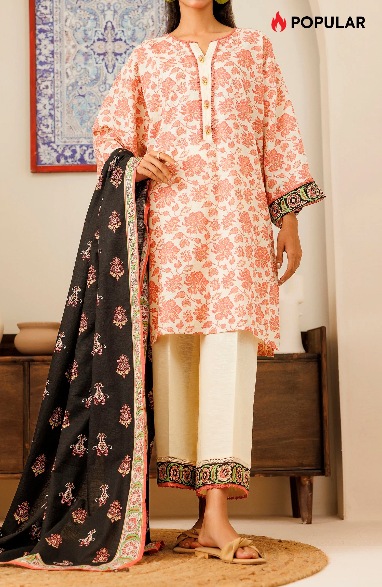 Unstitched 3 Piece Printed Khaddar Shirt , Khaddar Pant and Khaddar Dupatta (OTL-24-425/U BEIGE)