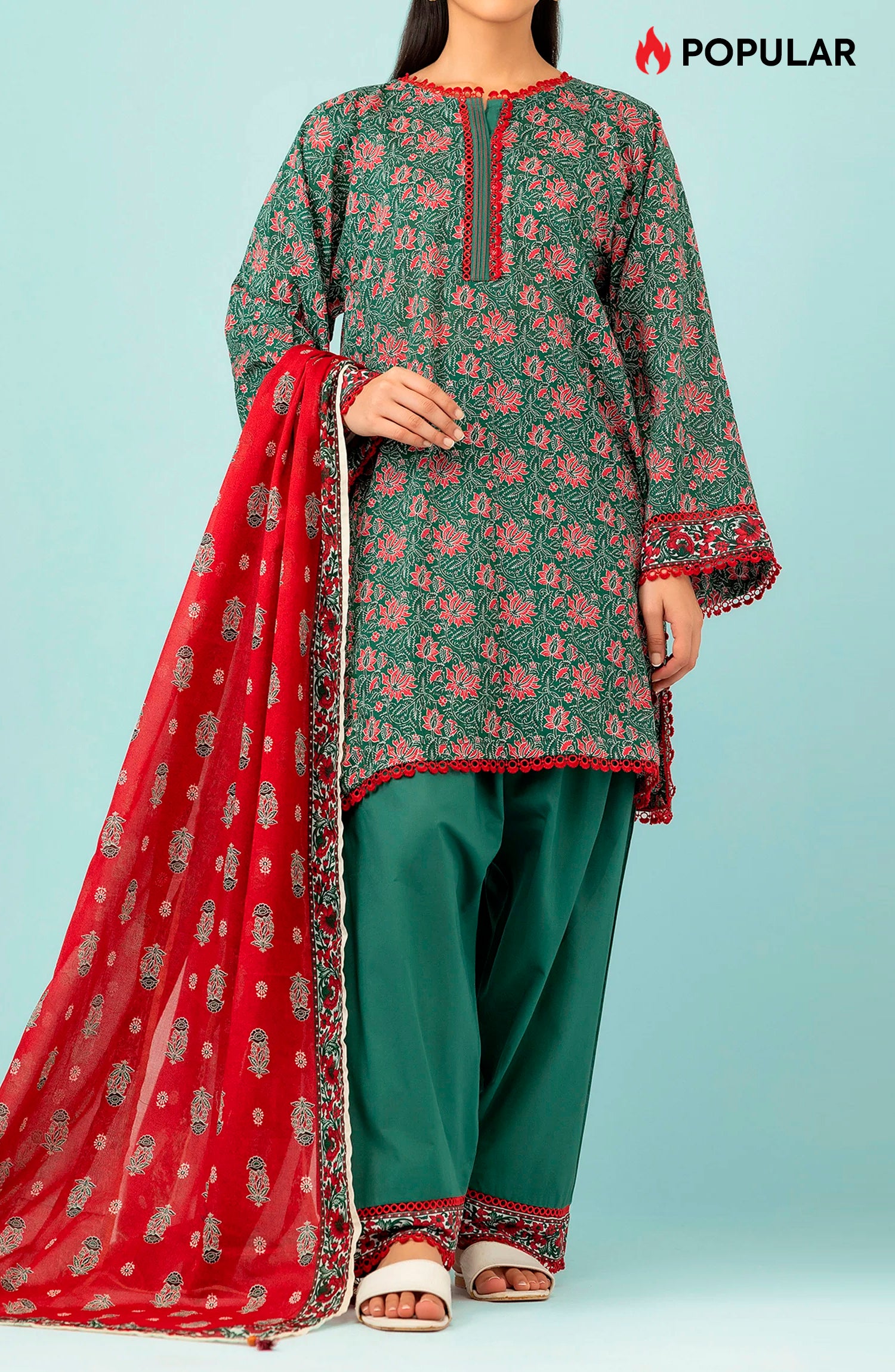 Unstitched 3 Piece Printed Cambric Shirt , Cambric Pant and Cambric Dupatta (OTL-24-426/U GREEN)