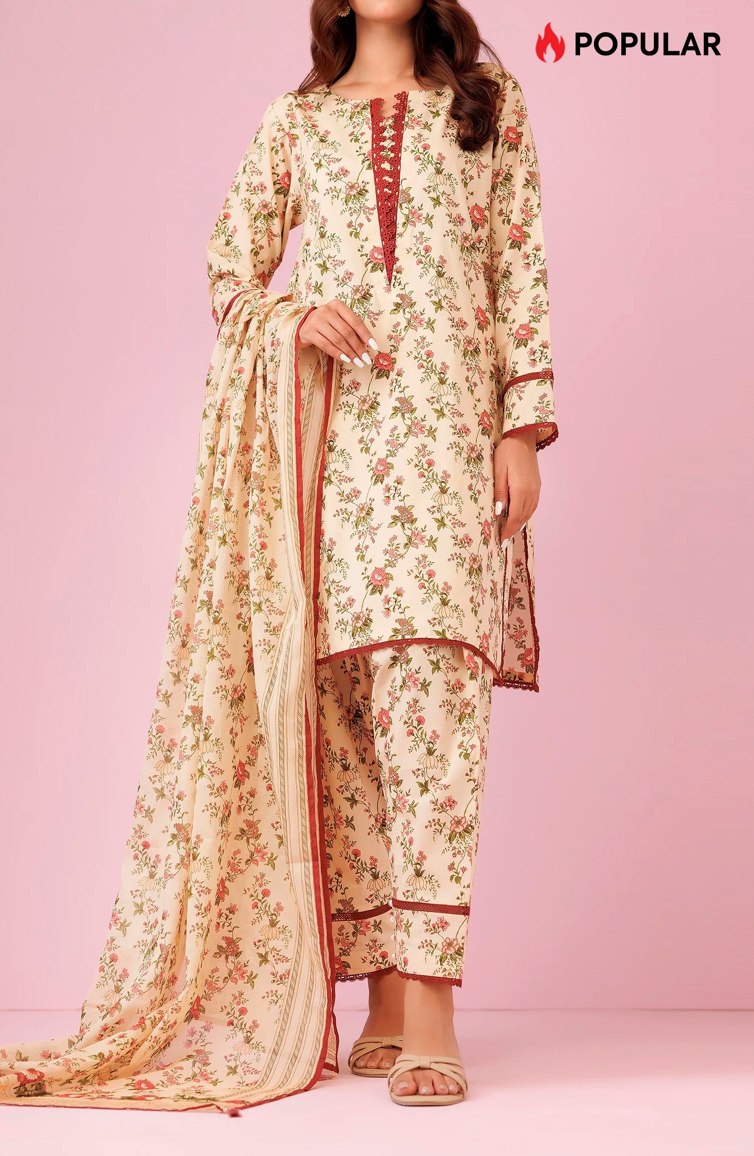 Unstitched 3 Piece Printed Lawn Shirt , Cambric Pant and Lawn Dupatta (OTL-24-430/U BEIGE)