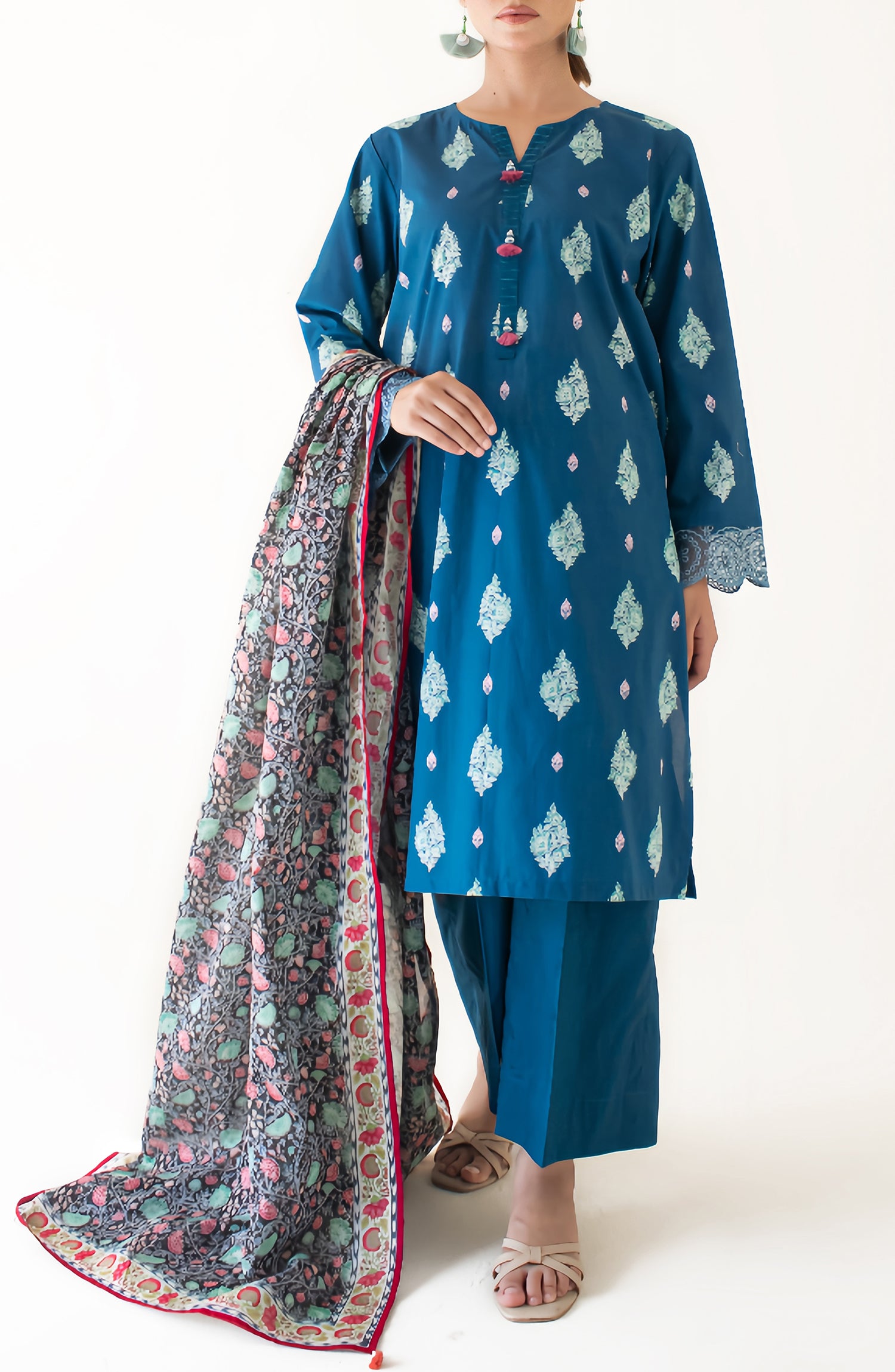 OTL-24-474/U BLUE KARANDI Women UNSTITCHED SHIRT DUPATTA PANTS