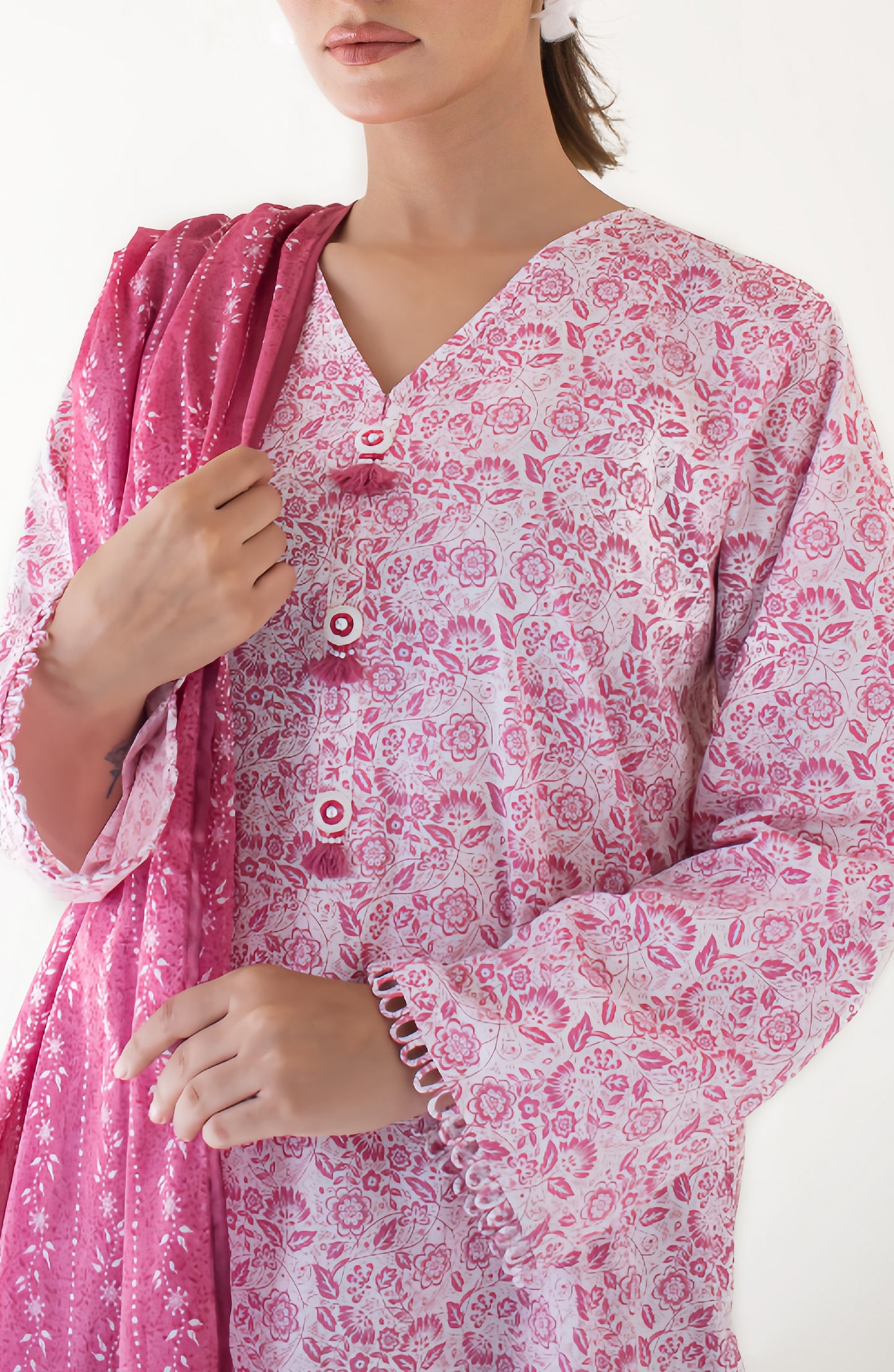 Unstitched 3 Piece Printed Cambric Shirt , Cambric Pant and Cambric Dupatta (OTL-24-373-B/U PINK)