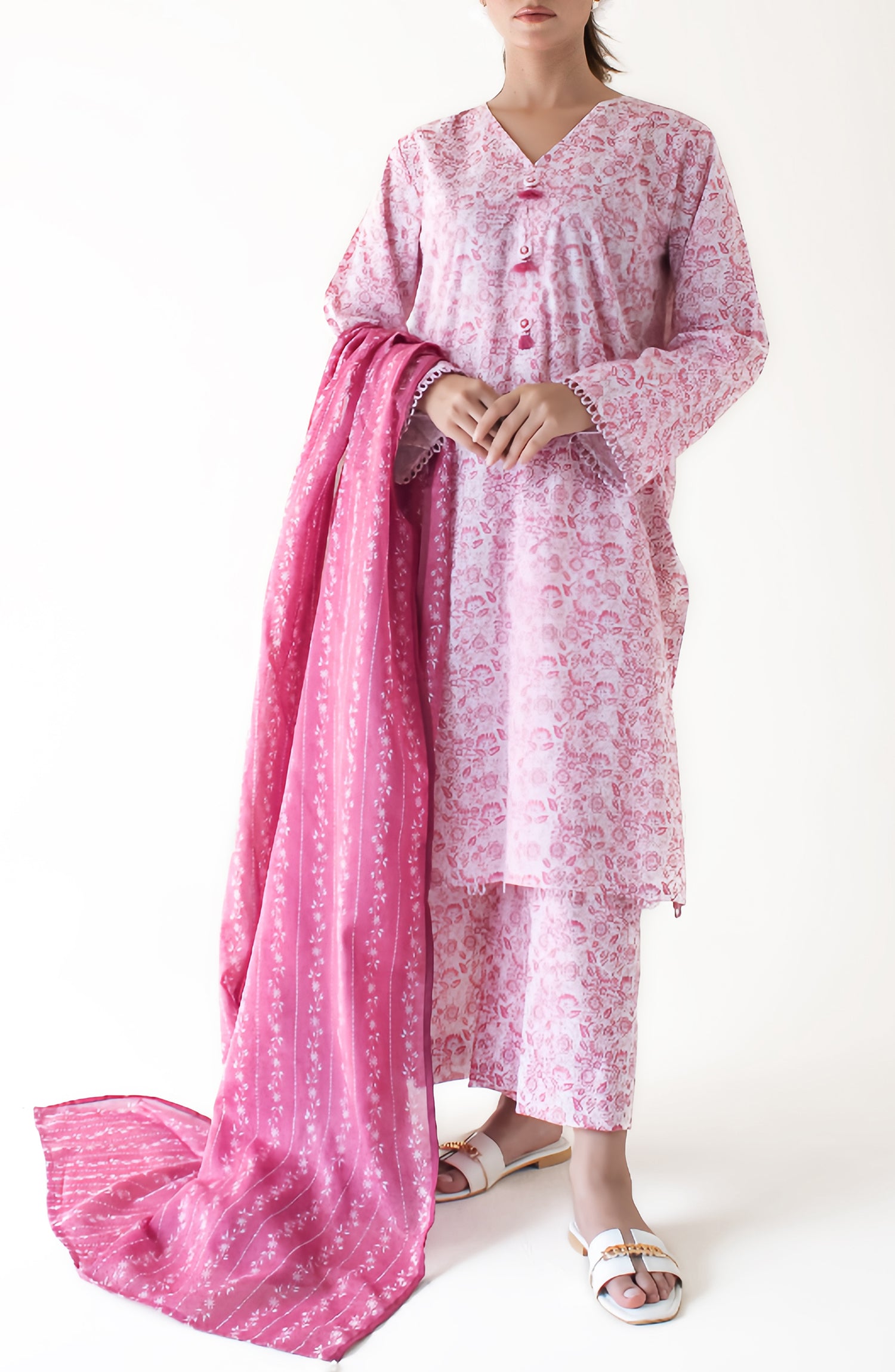 Unstitched 3 Piece Printed Cambric Shirt , Cambric Pant and Cambric Dupatta (OTL-24-373-B/U PINK)