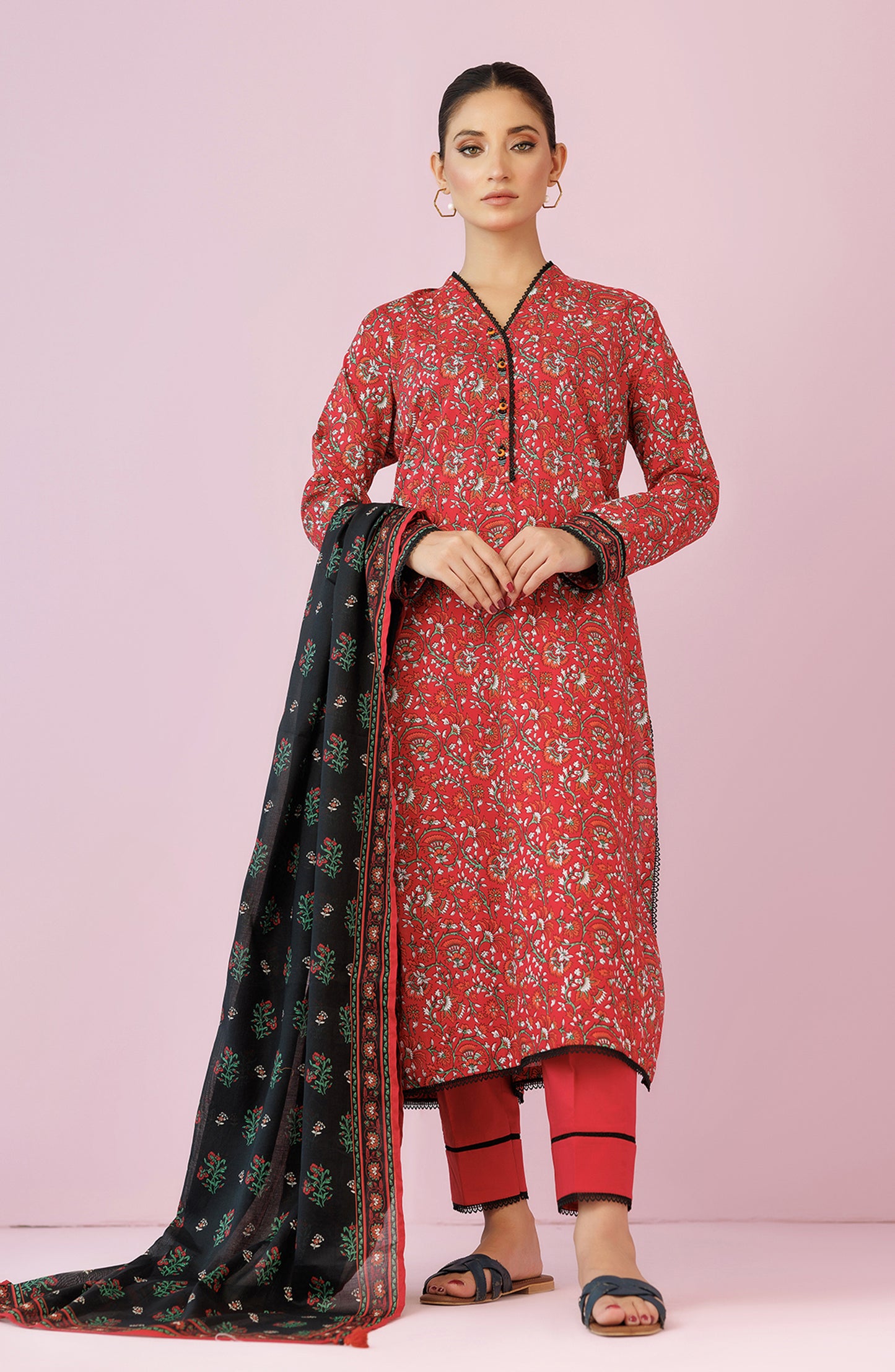 Unstitched 3 Piece Printed Lawn Shirt , Cambric Pant and Lawn Dupatta (OTL-24-178/U RED)