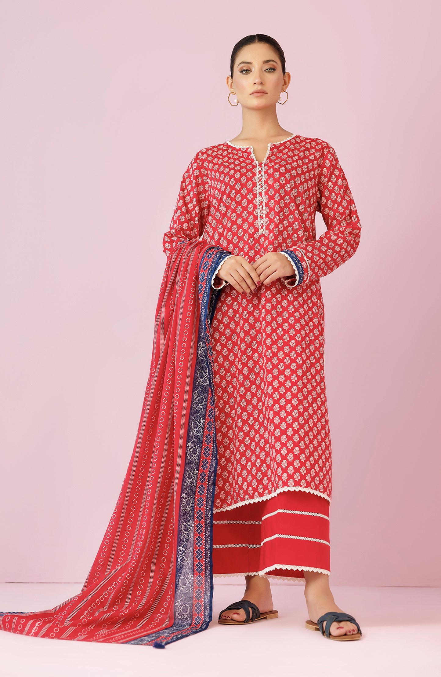 Unstitched 3 Piece Printed Lawn Shirt , Cambric Pant and Lawn Dupatta (OTL-24-196/U RED)