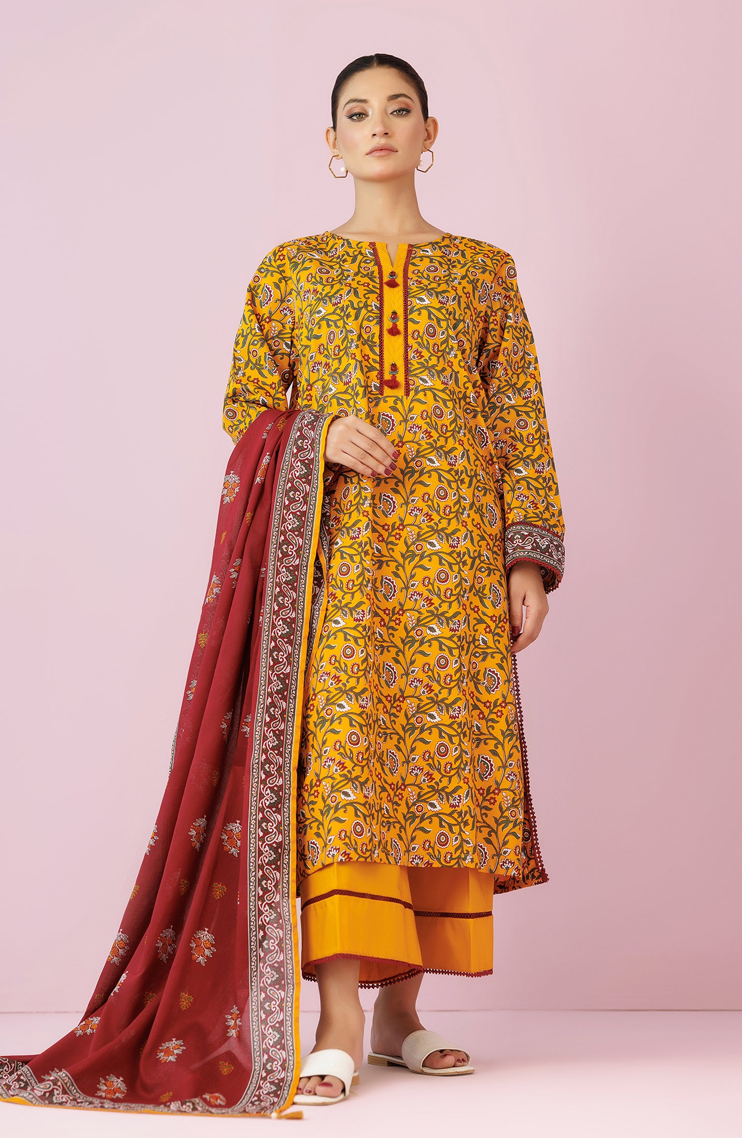 Unstitched 3 Piece Printed Lawn Shirt , Cambric Pant and Lawn Dupatta (OTL-24-186/U YELLOW)