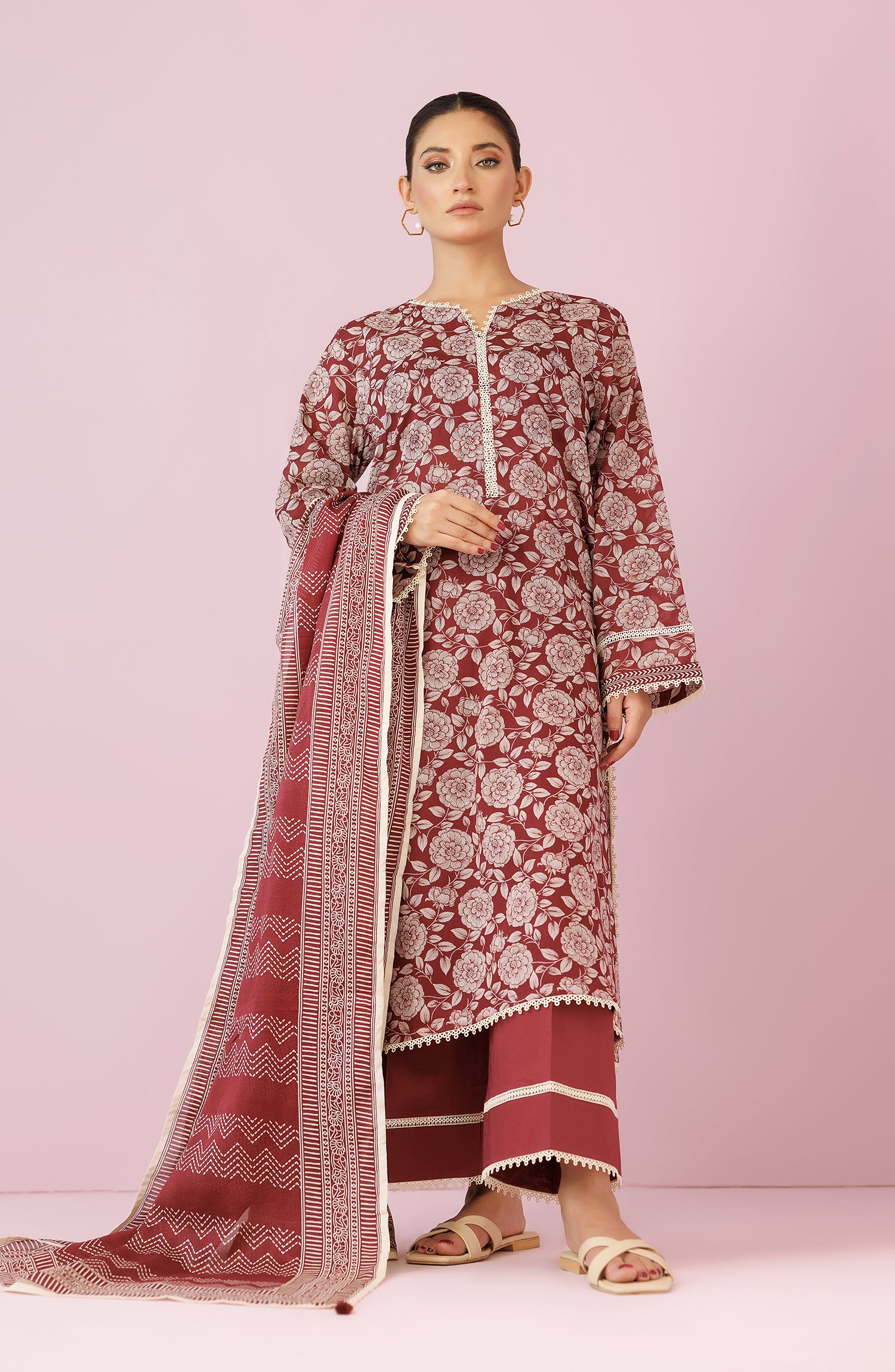 Unstitched 3 Piece Printed Lawn Shirt , Cambric Pant and Lawn Dupatta (OTL-24-130/U MAROON)