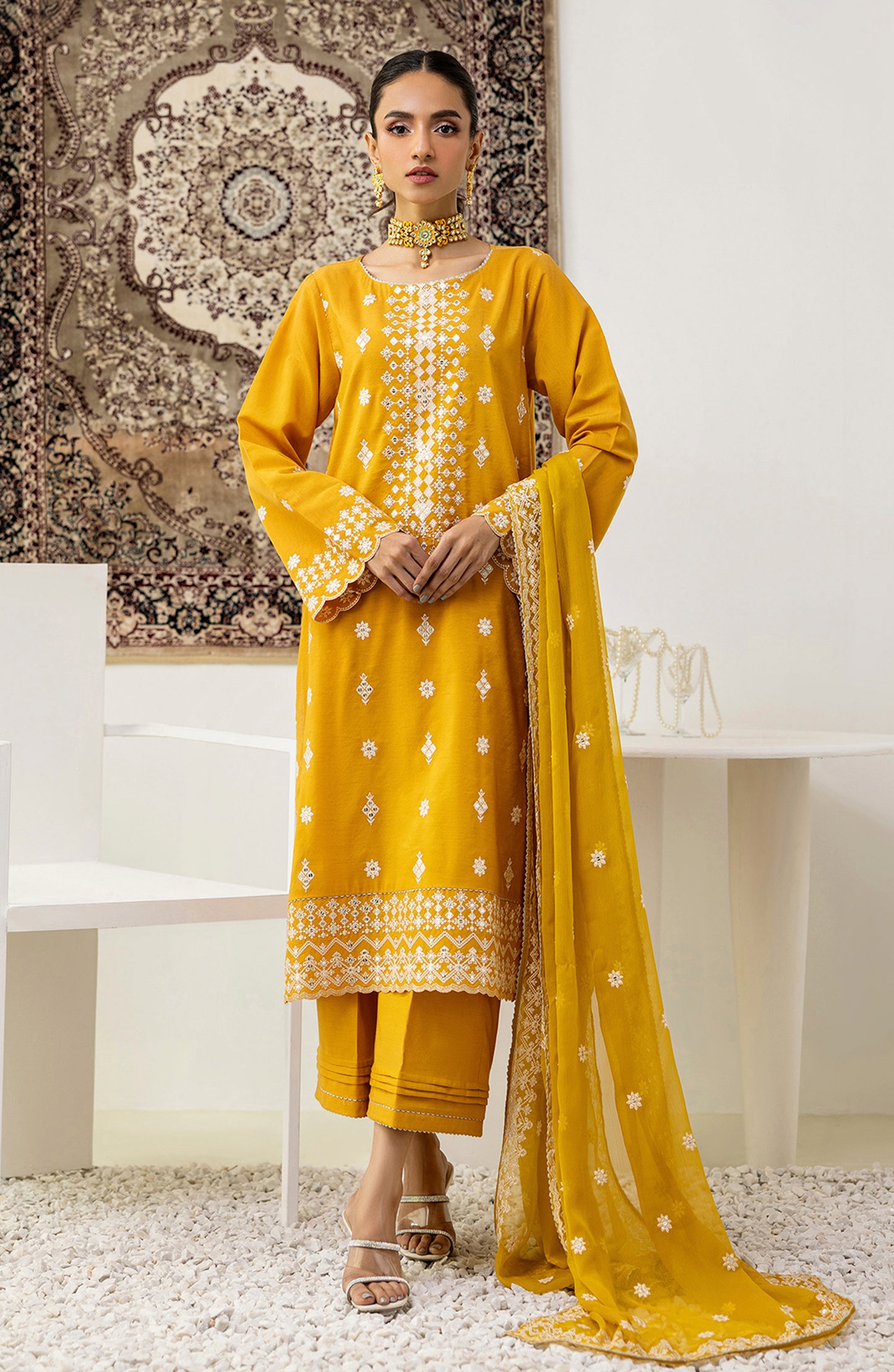 Stitched 3 Piece Embroidered Raw Silk Shirt , Raw Silk Pant and Chiffon Dupatta (OTLF-23-052/S YELLOW)