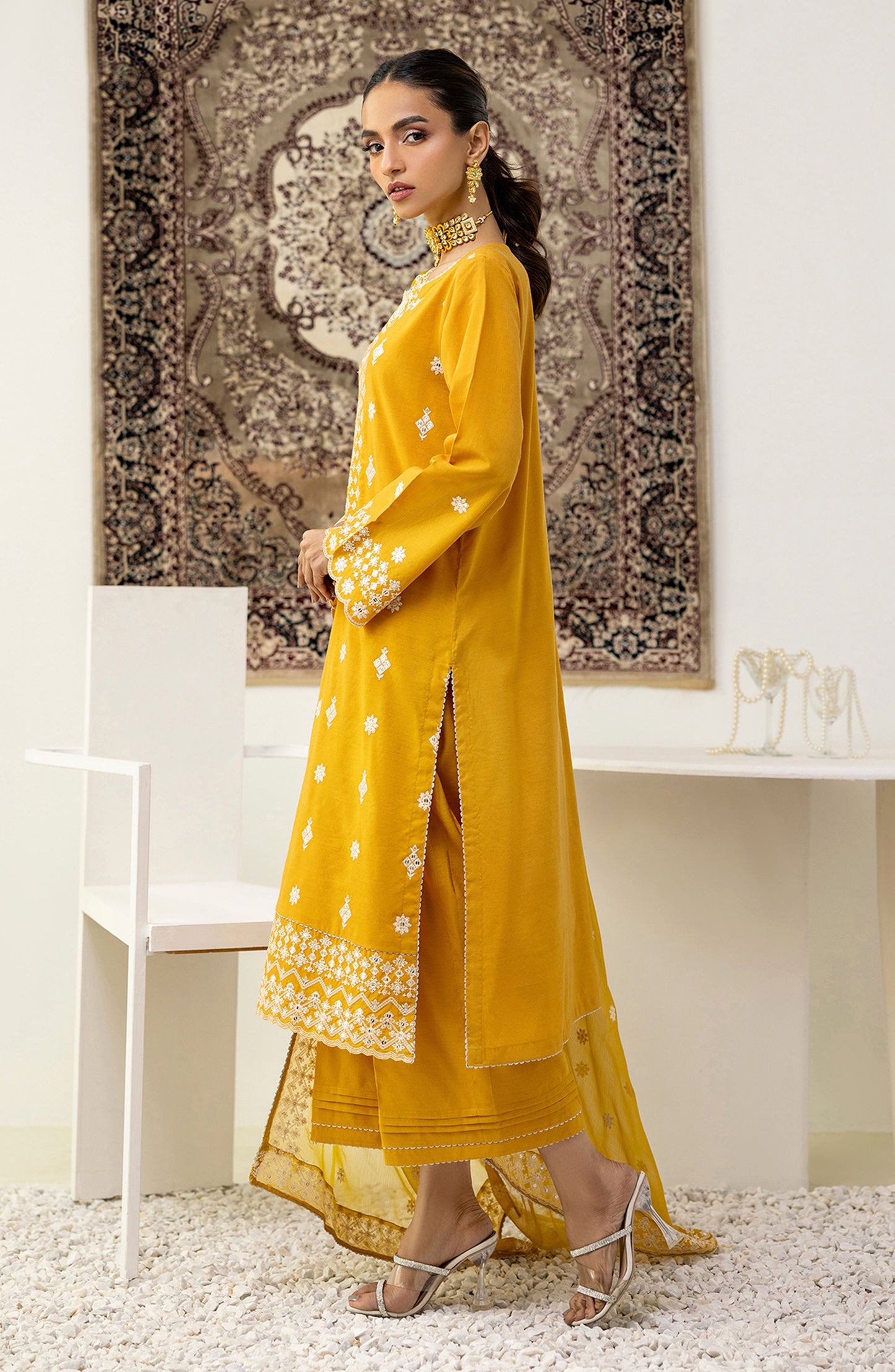 Stitched 3 Piece Embroidered Raw Silk Shirt , Raw Silk Pant and Chiffon Dupatta (OTLF-23-052/S YELLOW)