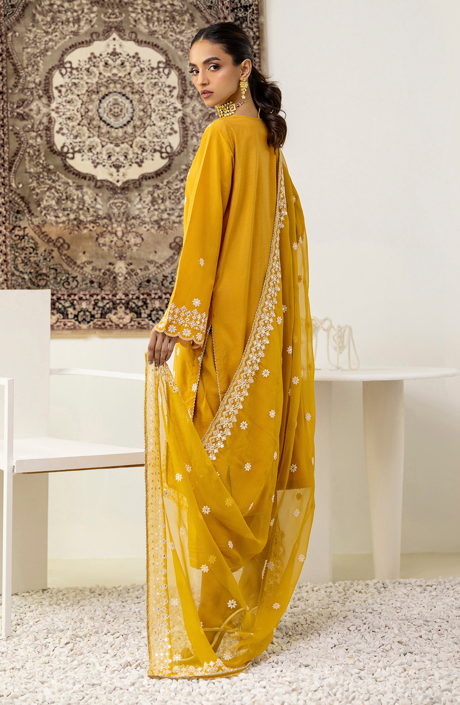 Stitched 3 Piece Embroidered Raw Silk Shirt , Raw Silk Pant and Chiffon Dupatta (OTLF-23-052/S YELLOW)