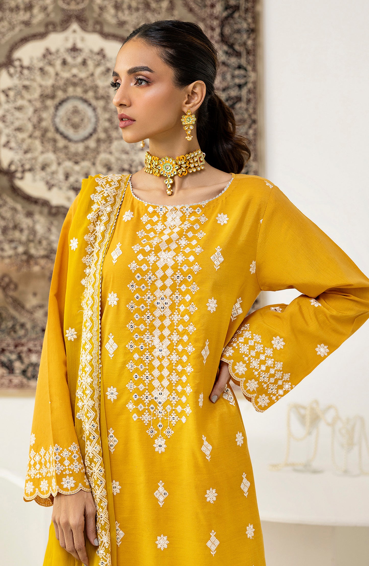 Stitched 3 Piece Embroidered Raw Silk Shirt , Raw Silk Pant and Chiffon Dupatta (OTLF-23-052/S YELLOW)