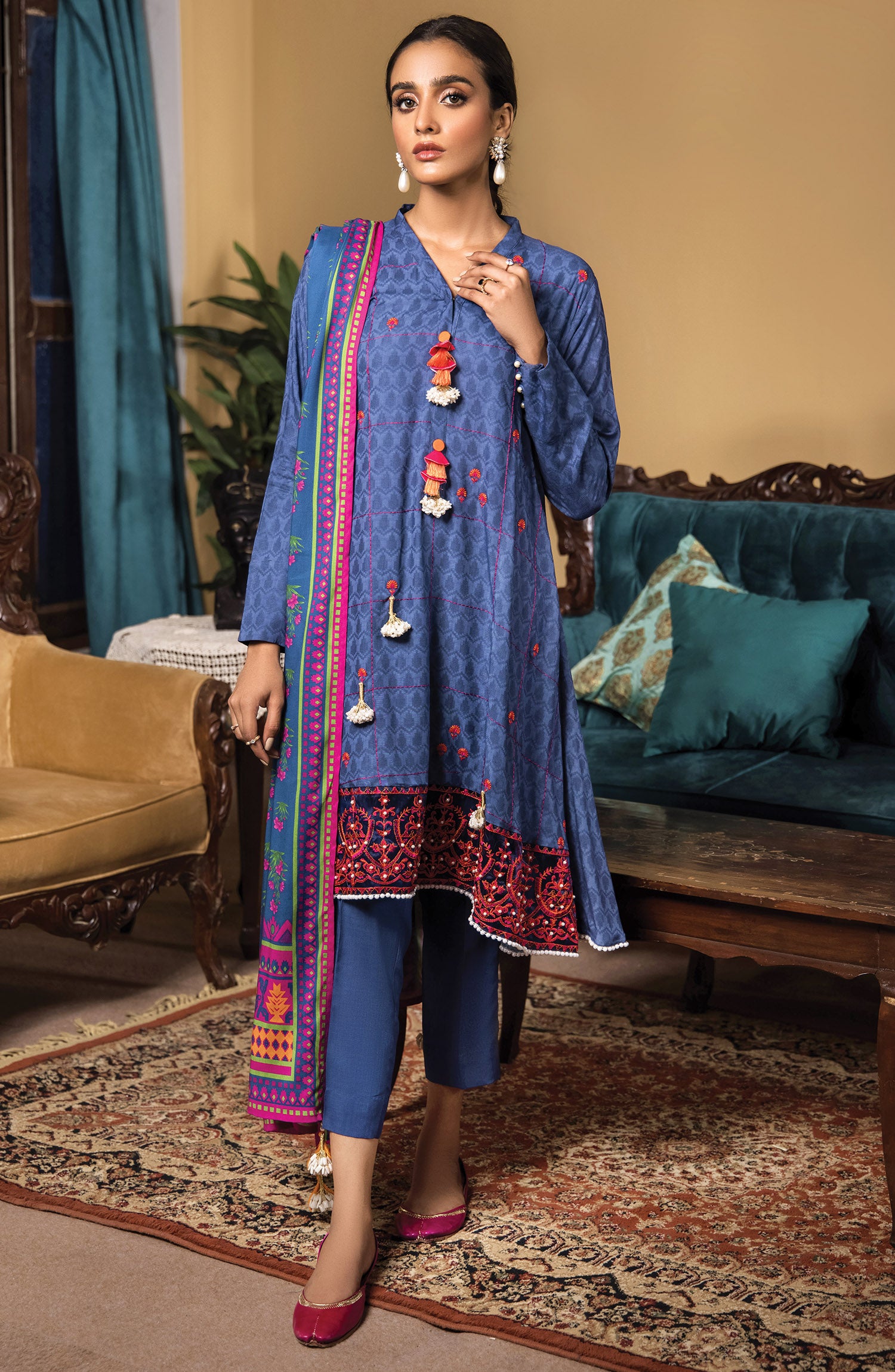 Unstitched 3 Piece Embroidered Linen Shirt , Linen Pant and Linen Dupatta (OTL-21-323/U BLUE)