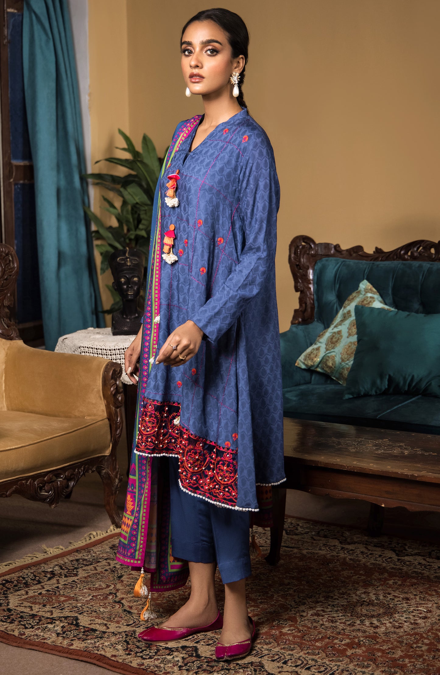 Unstitched 3 Piece Embroidered Linen Shirt , Linen Pant and Linen Dupatta (OTL-21-323/U BLUE)