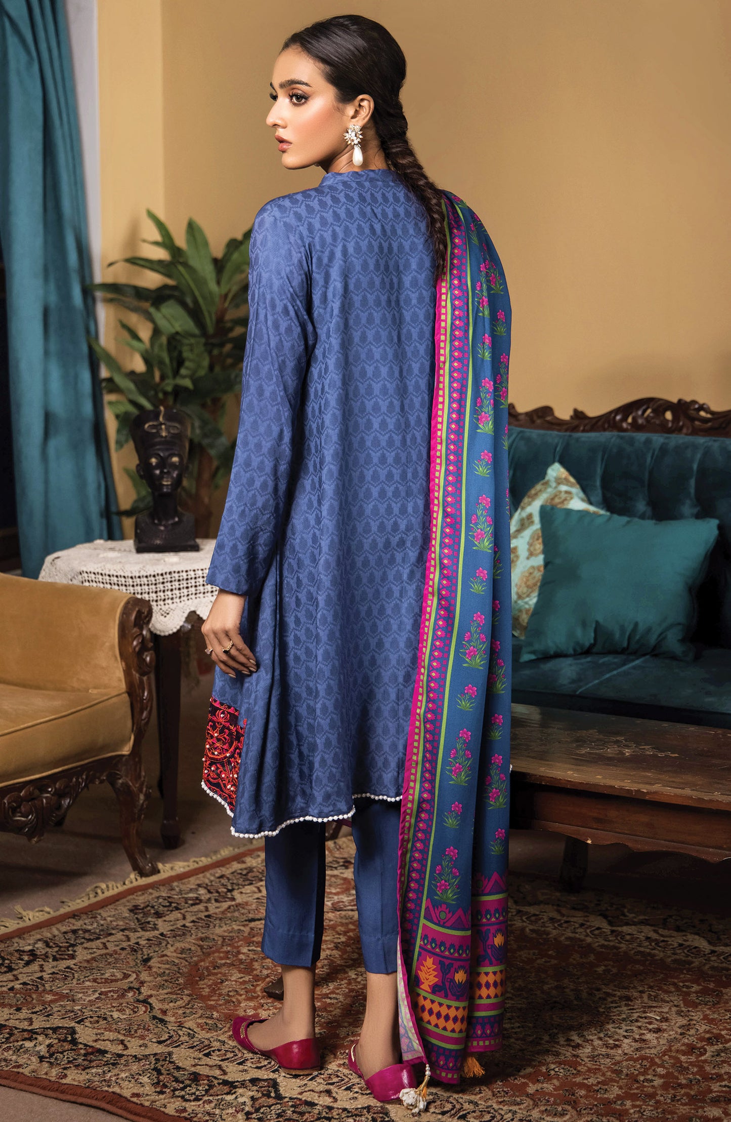 Unstitched 3 Piece Embroidered Linen Shirt , Linen Pant and Linen Dupatta (OTL-21-323/U BLUE)