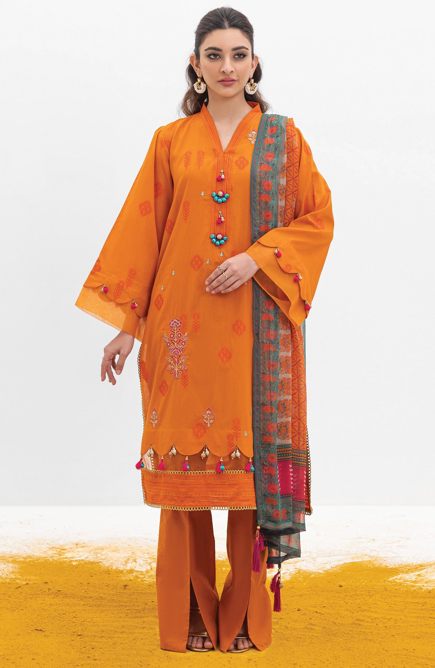 OTL-21-168/U ORANGE JACQUARD  UNSTITCHED SHIRT DUPATTA PANTS