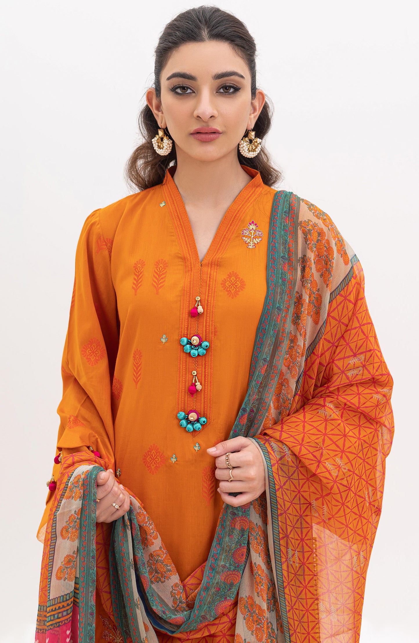 OTL-21-168/U ORANGE JACQUARD  UNSTITCHED SHIRT DUPATTA PANTS