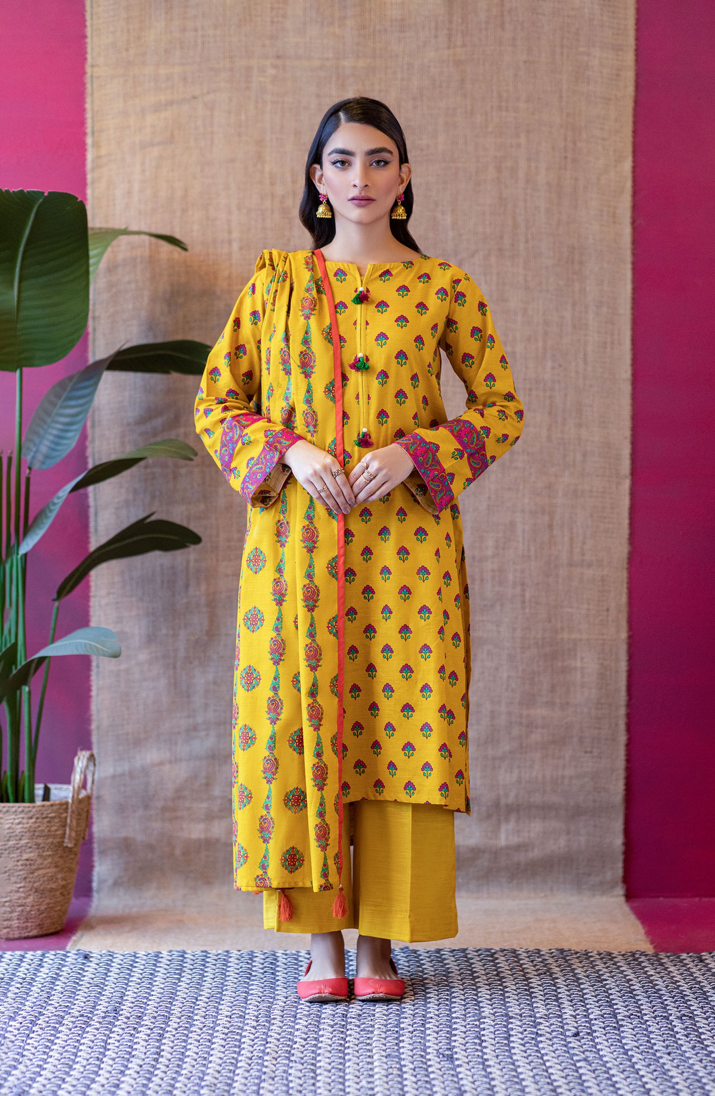 OTL-22-239/U YELLOW KHADDAR  UNSTITCHED SHIRT DUPATTA PANTS