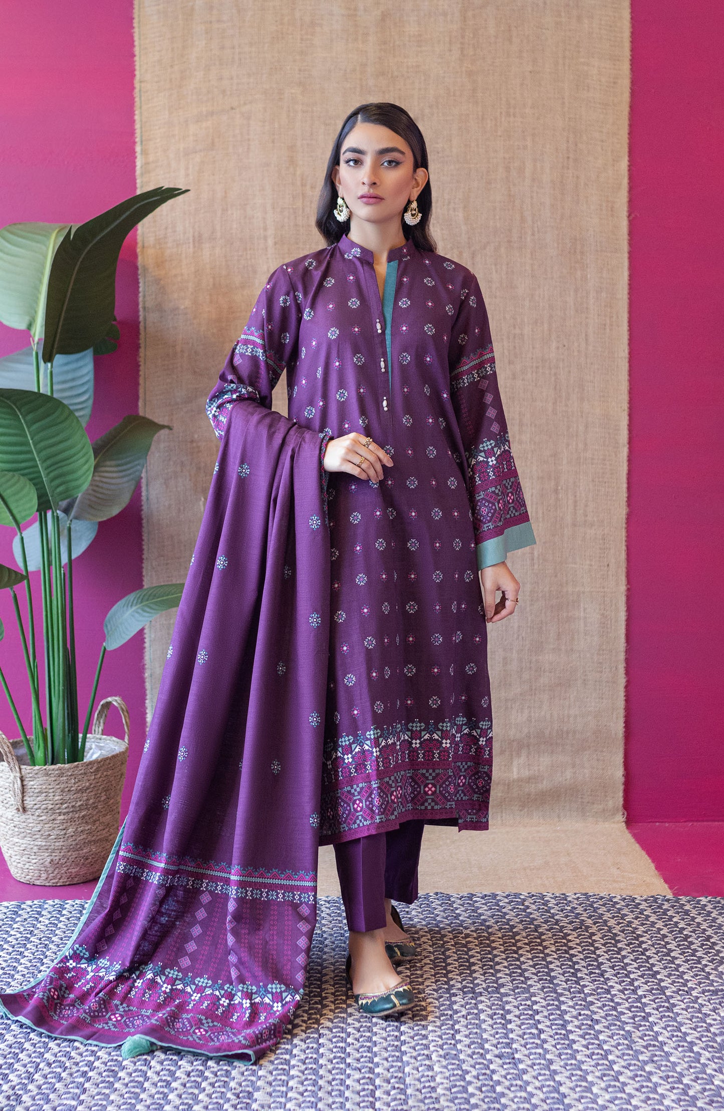 OTL-22-147/U PURPLE KHADDAR  UNSTITCHED SHIRT DUPATTA PANTS