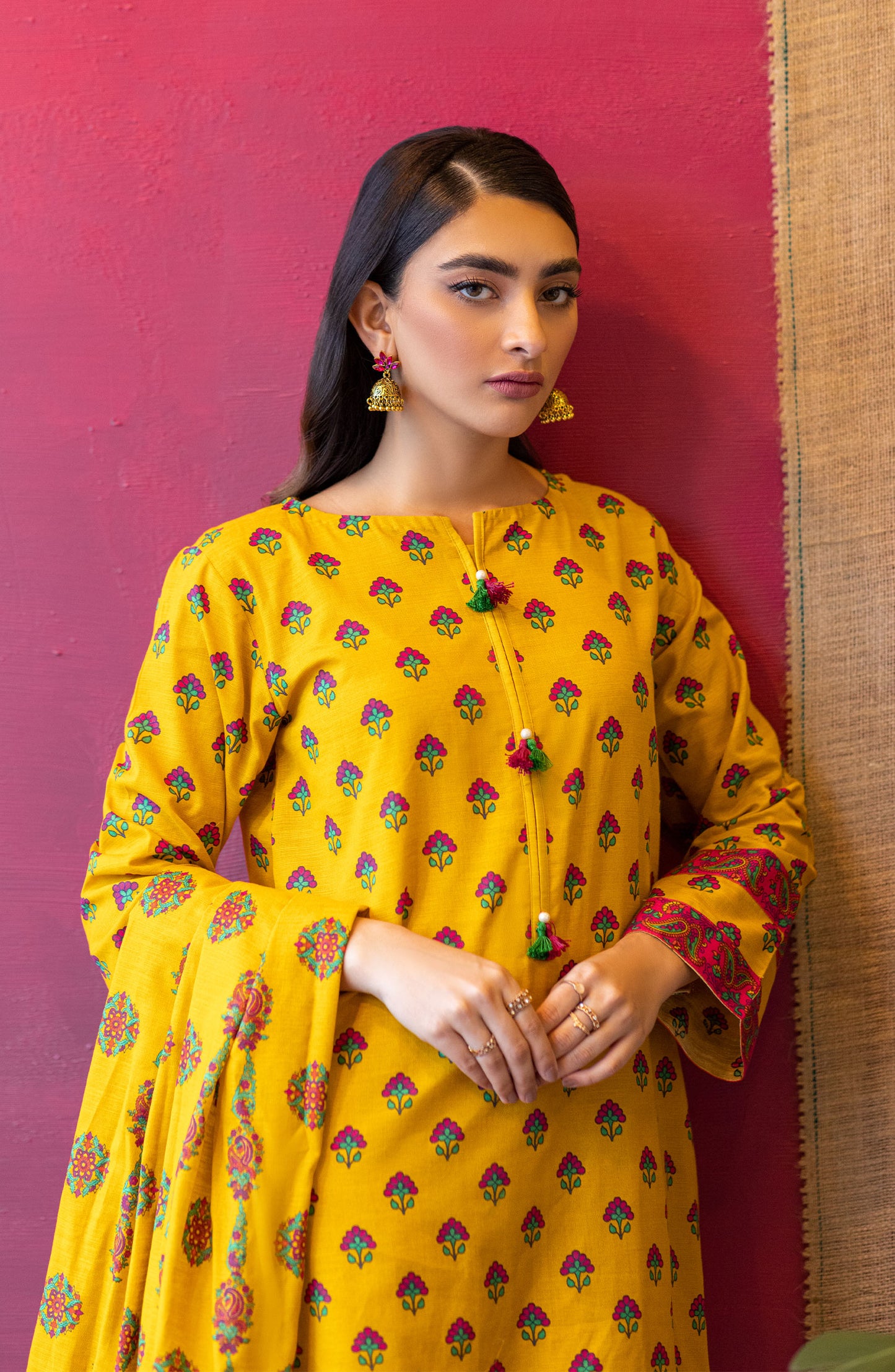 OTL-22-239/U YELLOW KHADDAR  UNSTITCHED SHIRT DUPATTA PANTS