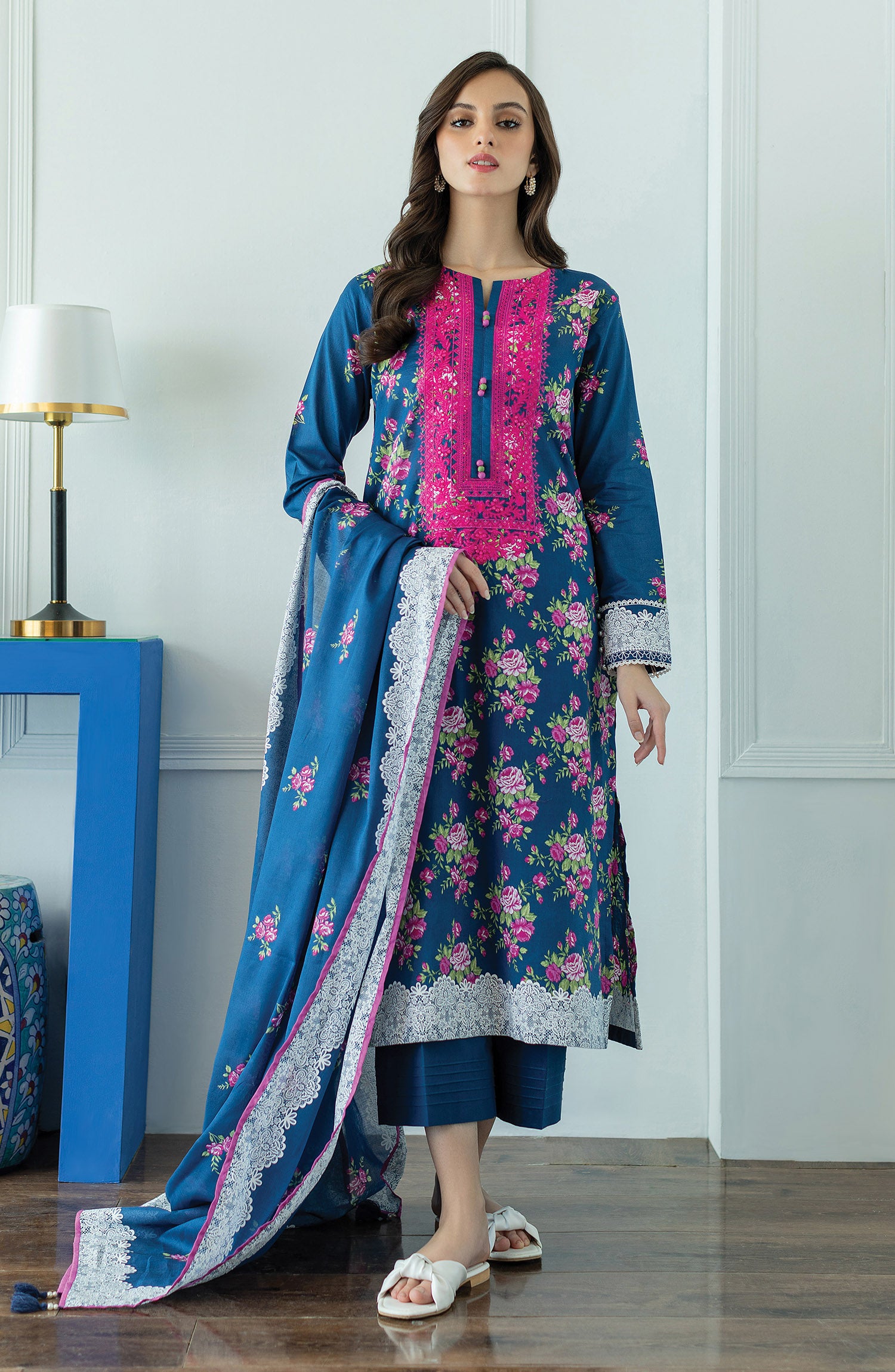 OTL-23-015/U NAVY BLUE LAWN  UNSTITCHED SHIRT DUPATTA PANTS