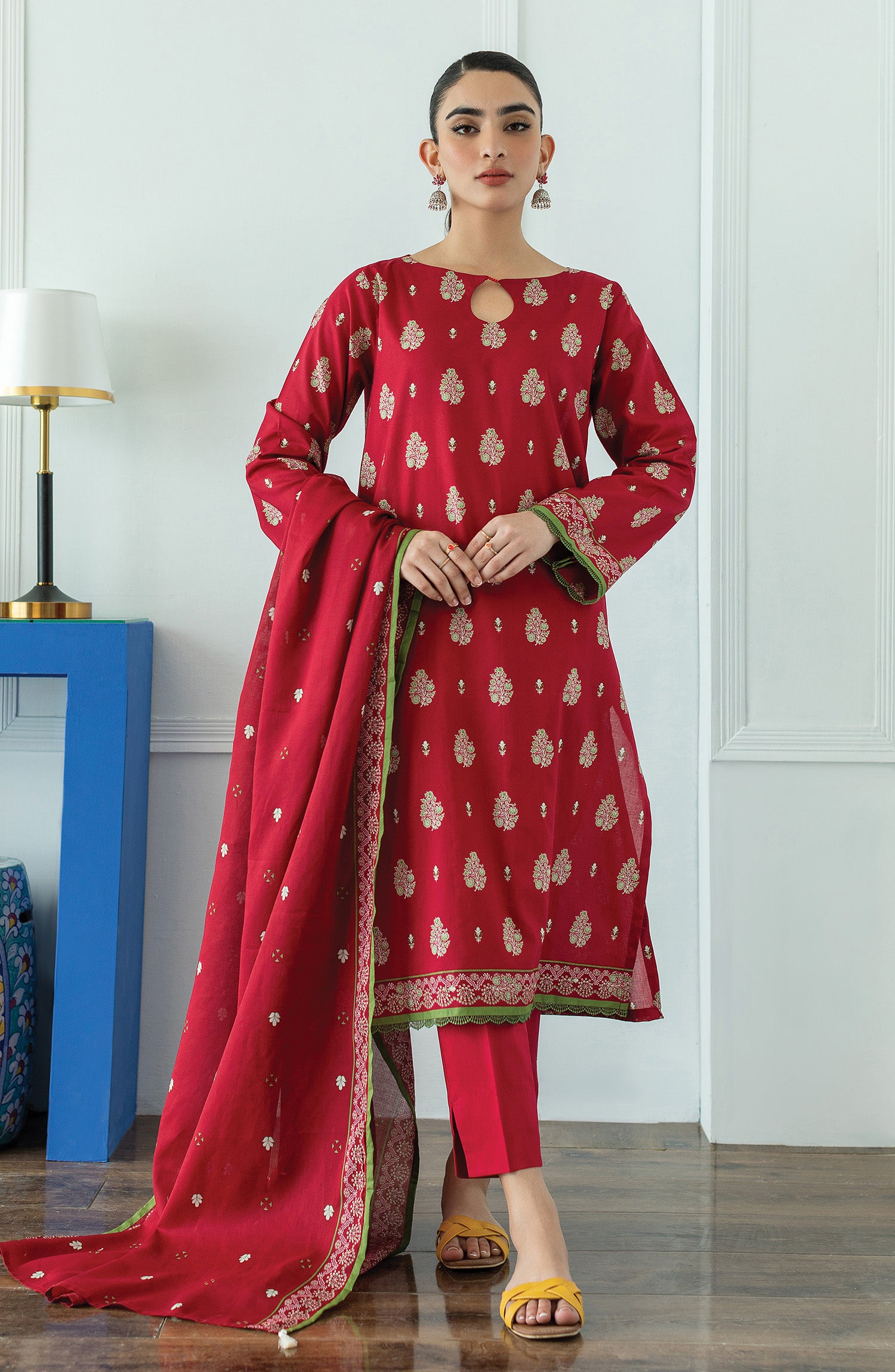 OTL-23-069/U RED LAWN  UNSTITCHED SHIRT DUPATTA PANTS