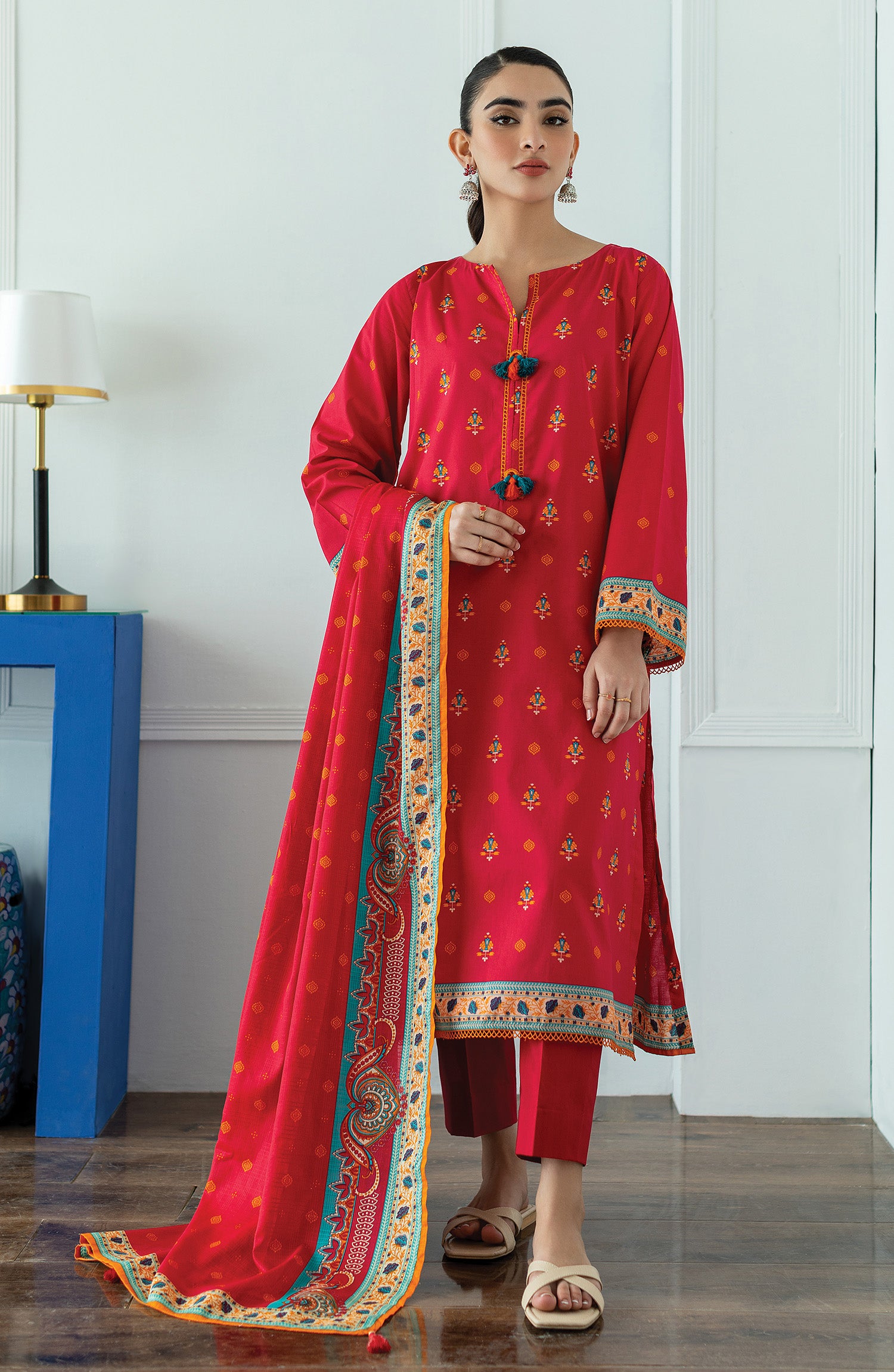 OTL-23-253/U RED LAWN  UNSTITCHED SHIRT DUPATTA PANTS