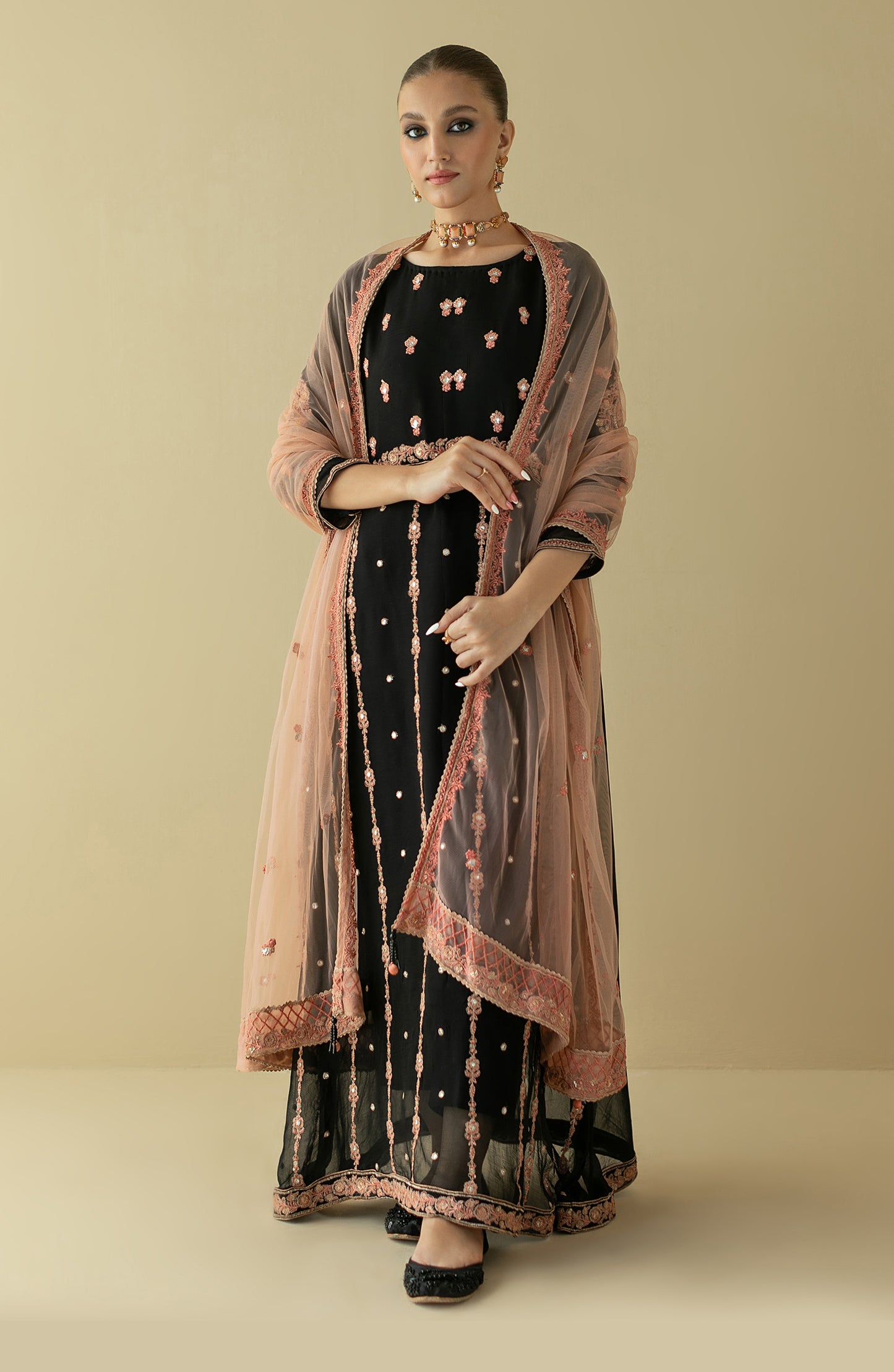 NF-SDT-22-004/S BLACK CHIFFON  READY TO WEAR SHIRT DUPATTA PANTS