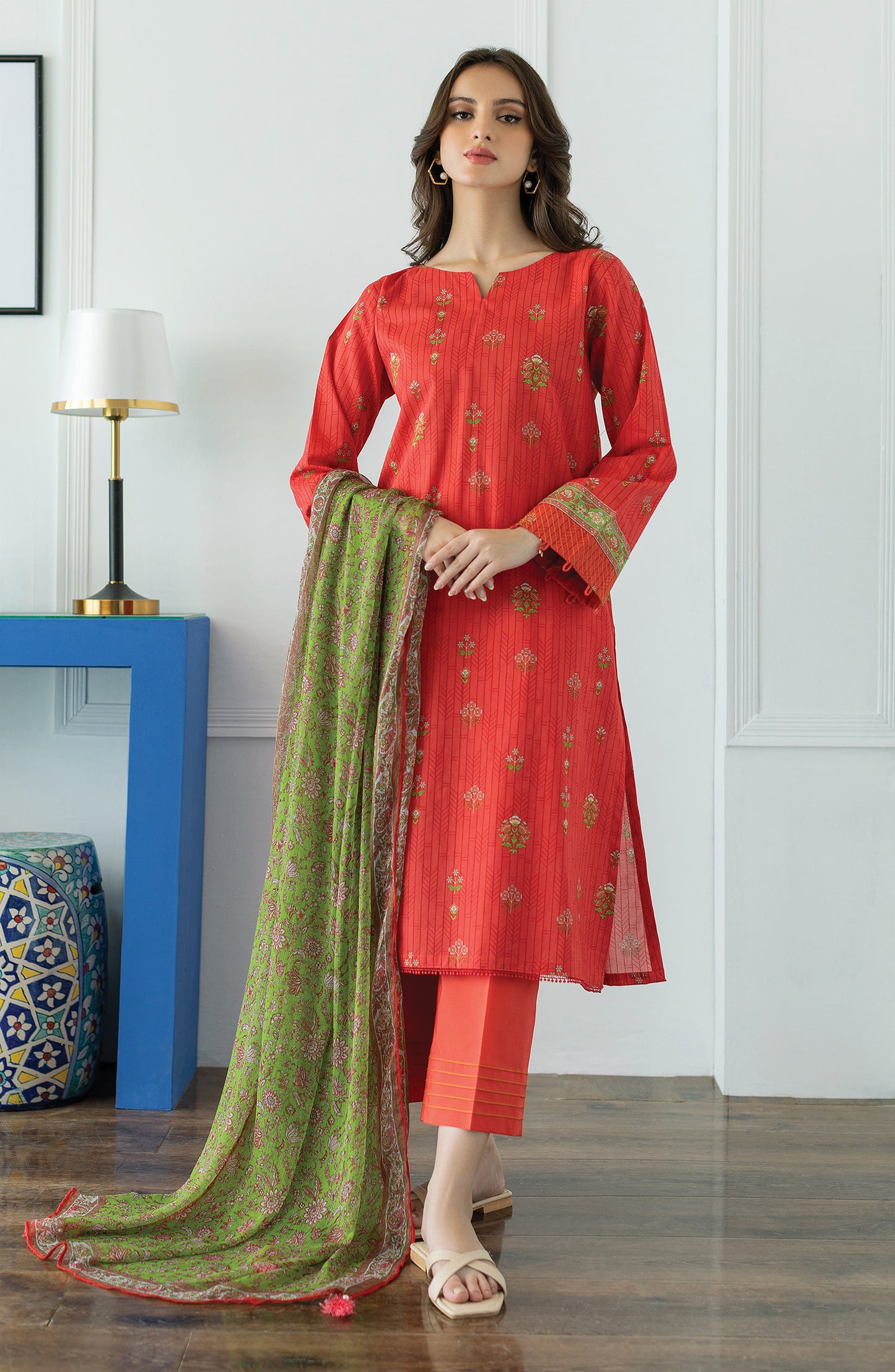 OTL-23-058/U RED LAWN  UNSTITCHED SHIRT DUPATTA PANTS