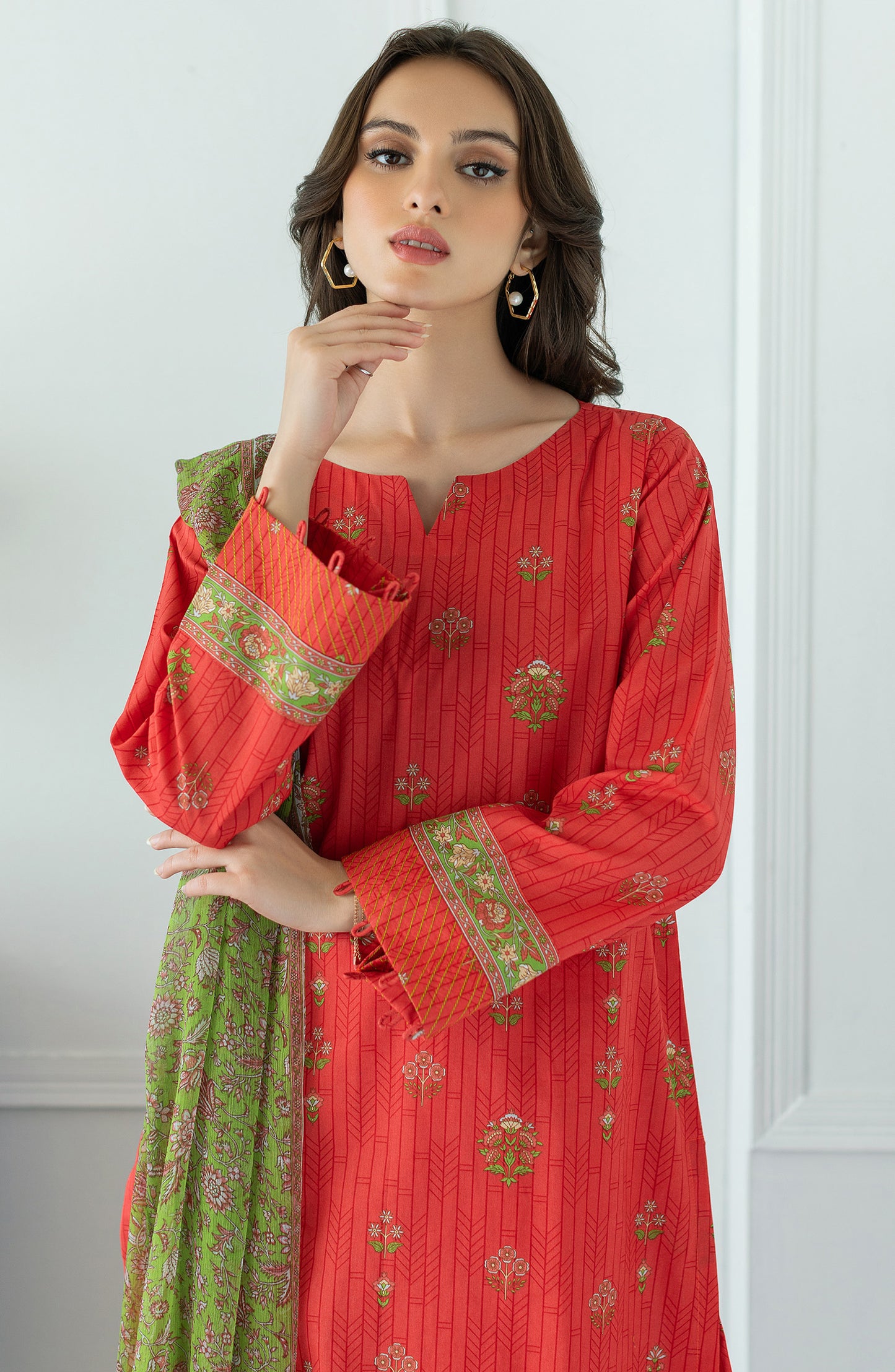 OTL-23-058/U RED LAWN  UNSTITCHED SHIRT DUPATTA PANTS